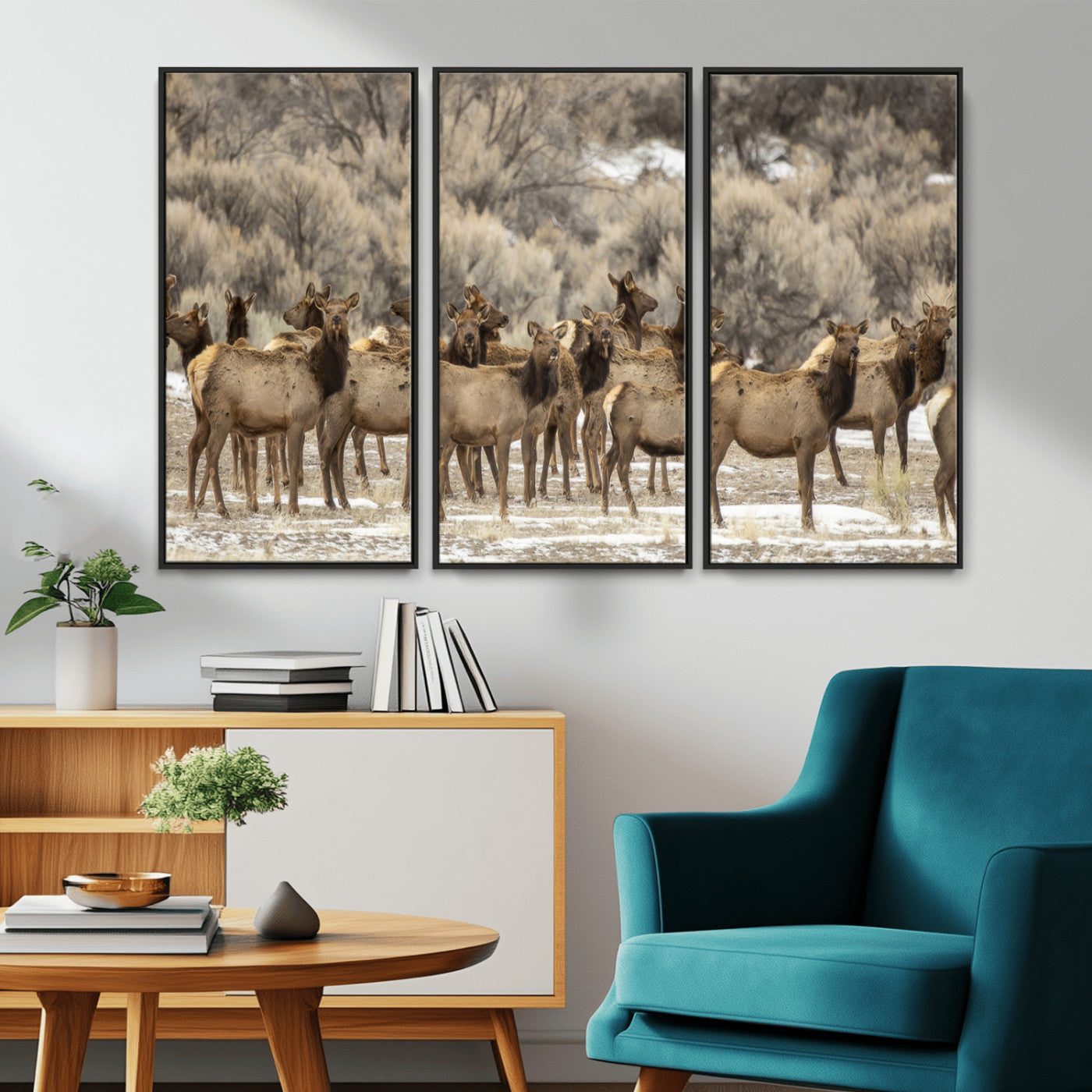 A large herd of elk standing in an open field with soft earthy tones, ideal for rustic lodge or western-themed home wall decor.