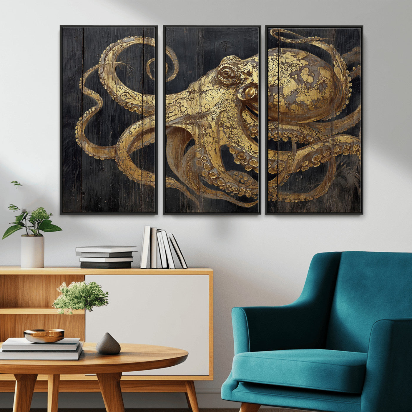 A detailed gold illustration of an octopus on black wooden planks, showing its intricate tentacles and textured skin in an artistic style.