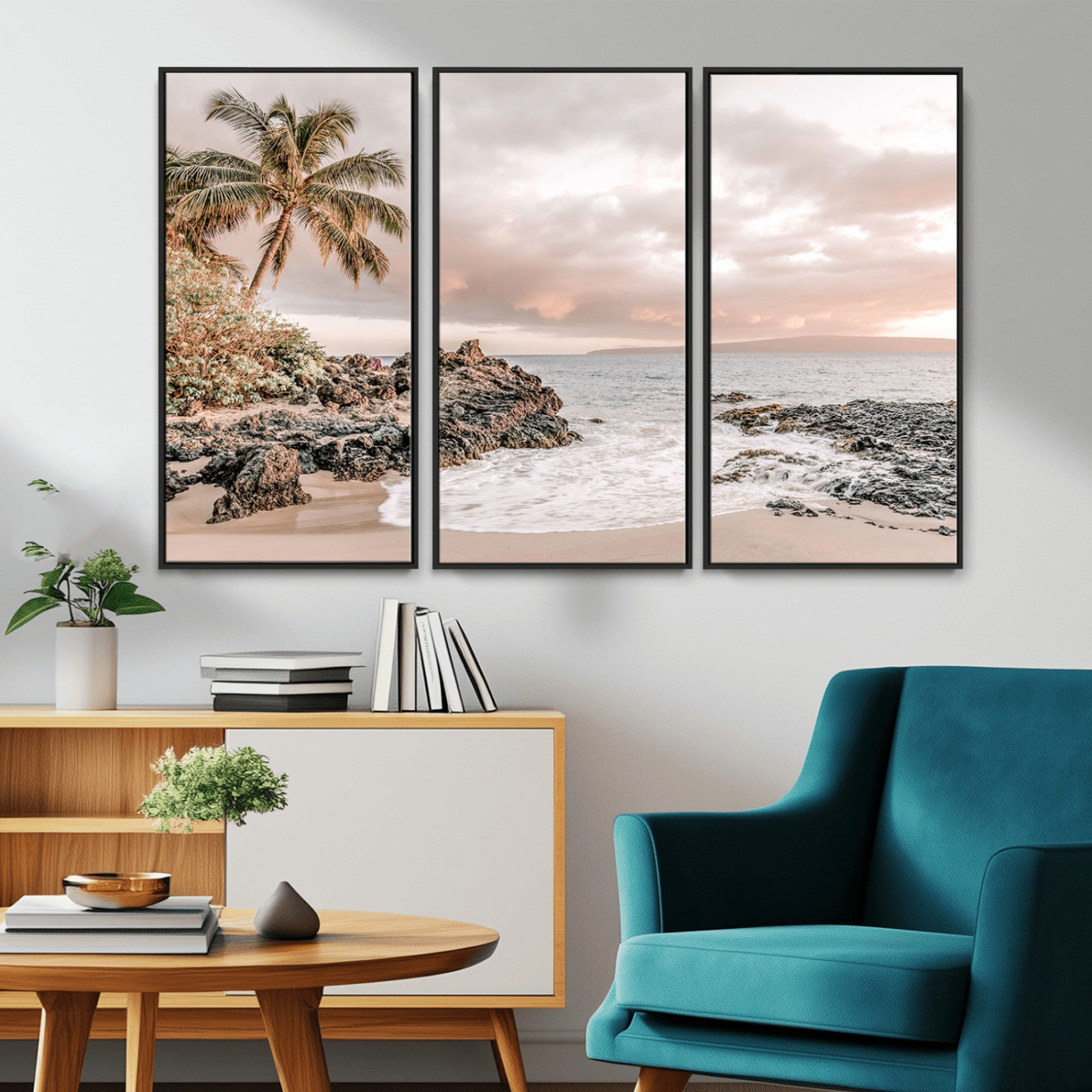 A peaceful beach scene with a palm tree and rocks, soft waves washing onto the shore under a soft pastel sky at sunset.