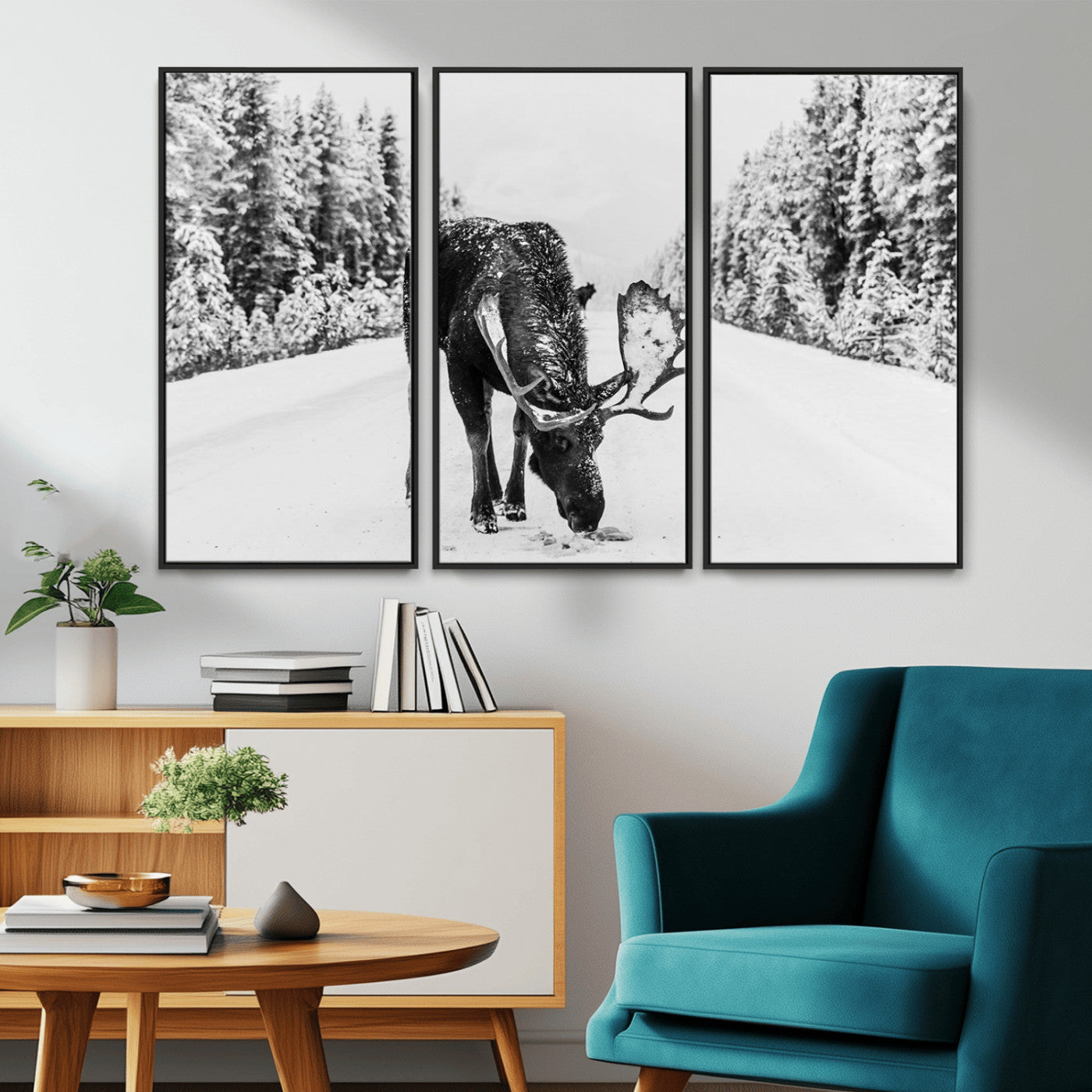 A majestic moose grazing in the snow-covered wilderness, surrounded by snow-covered trees, creating a peaceful winter scene.