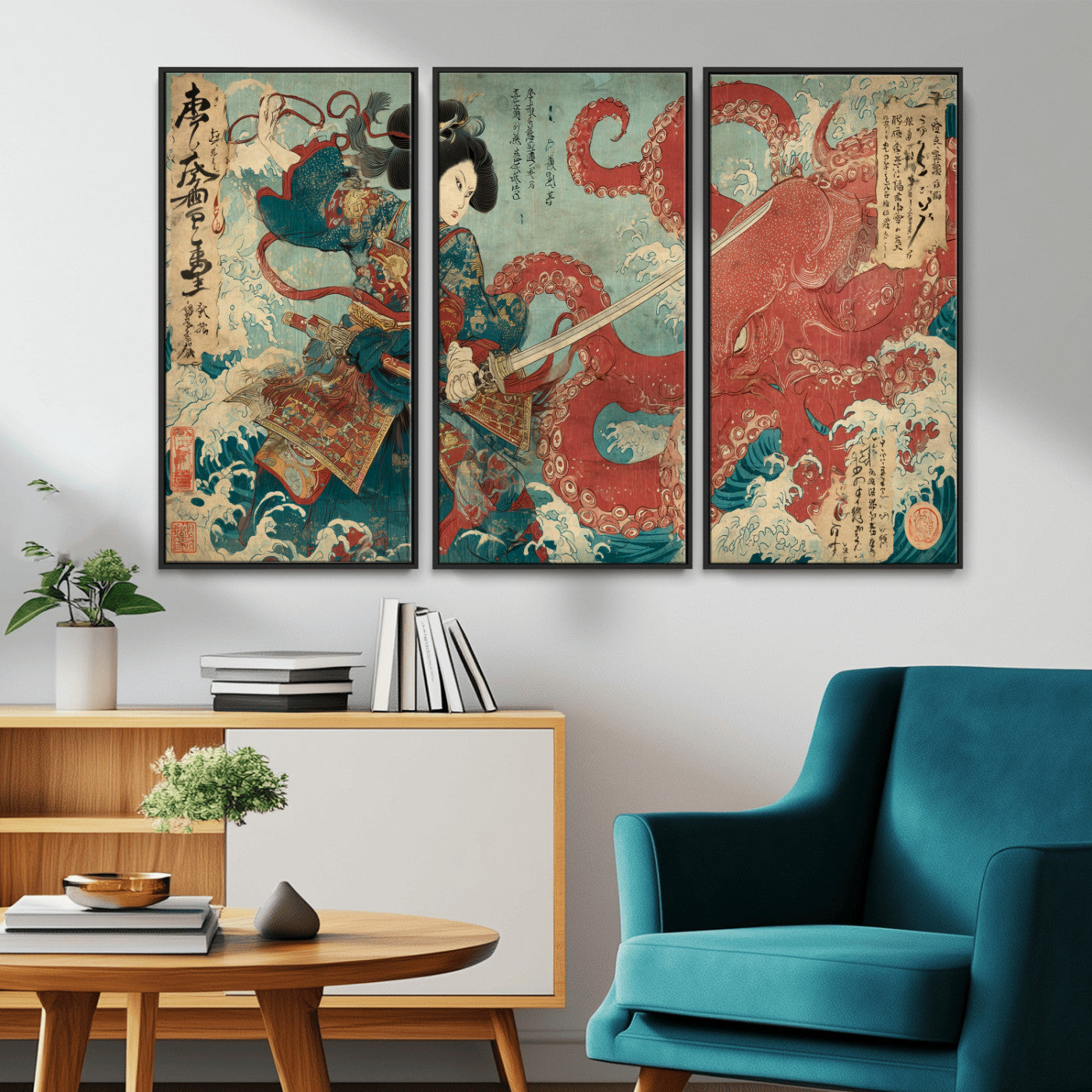 Tsukioka Yoshitoshi Samurai Wall Art Print, Japanese Katana Warrior Canvas Wall Art, Octopus Sea Monster Canvas Print,