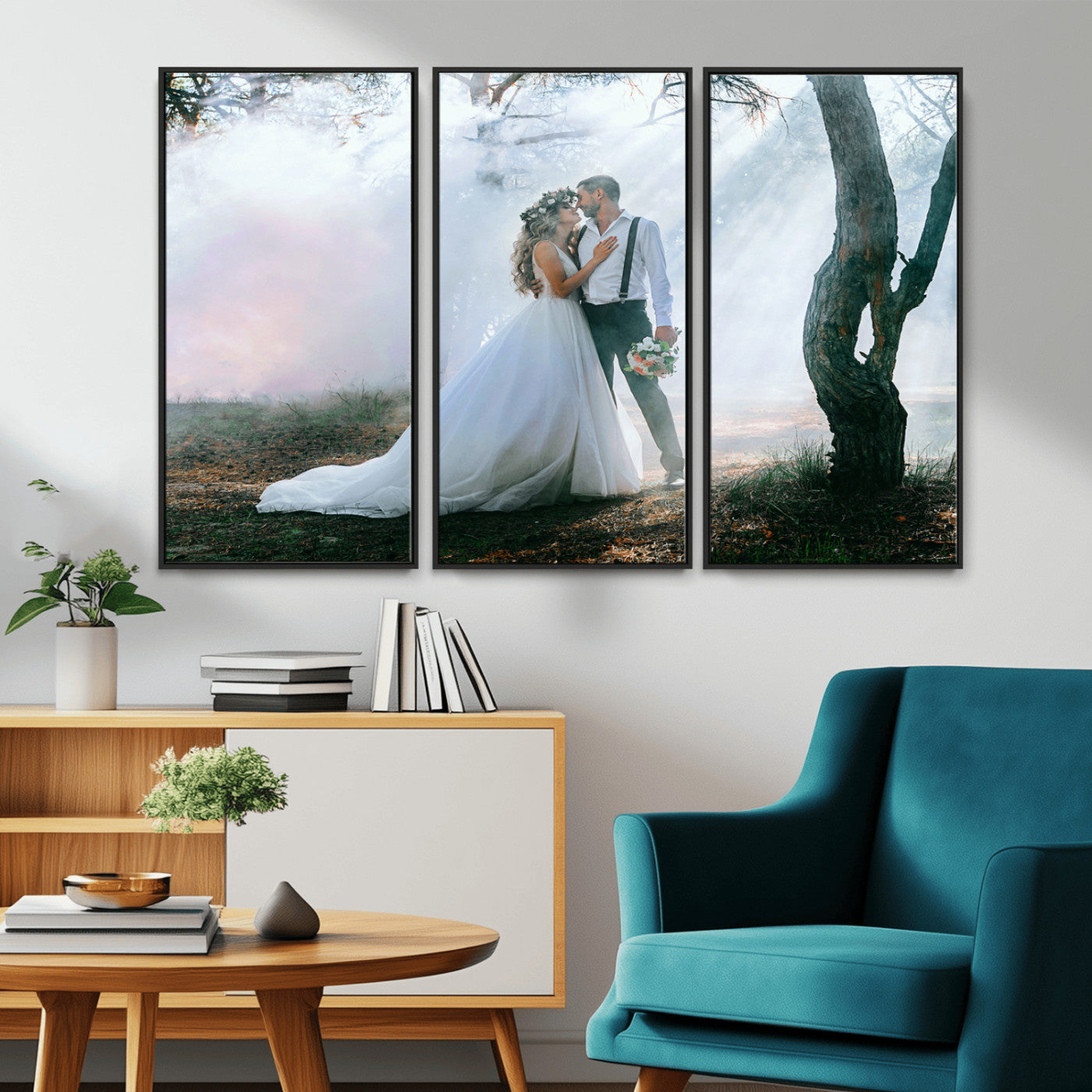 MGV-FC-48X32-3P - Forest Wedding Wall Art – Romantic Bride and Groom Canvas Print, Enchanted Woodland Photography Decor for Bedroom, Living Room, or Wedding Gift