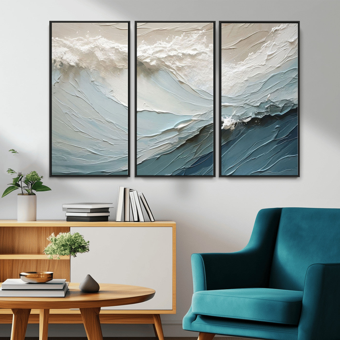 Textured canvas of ocean waves in soft coastal blues and creamy whites, ideal for modern or minimalist coastal-style interiors.