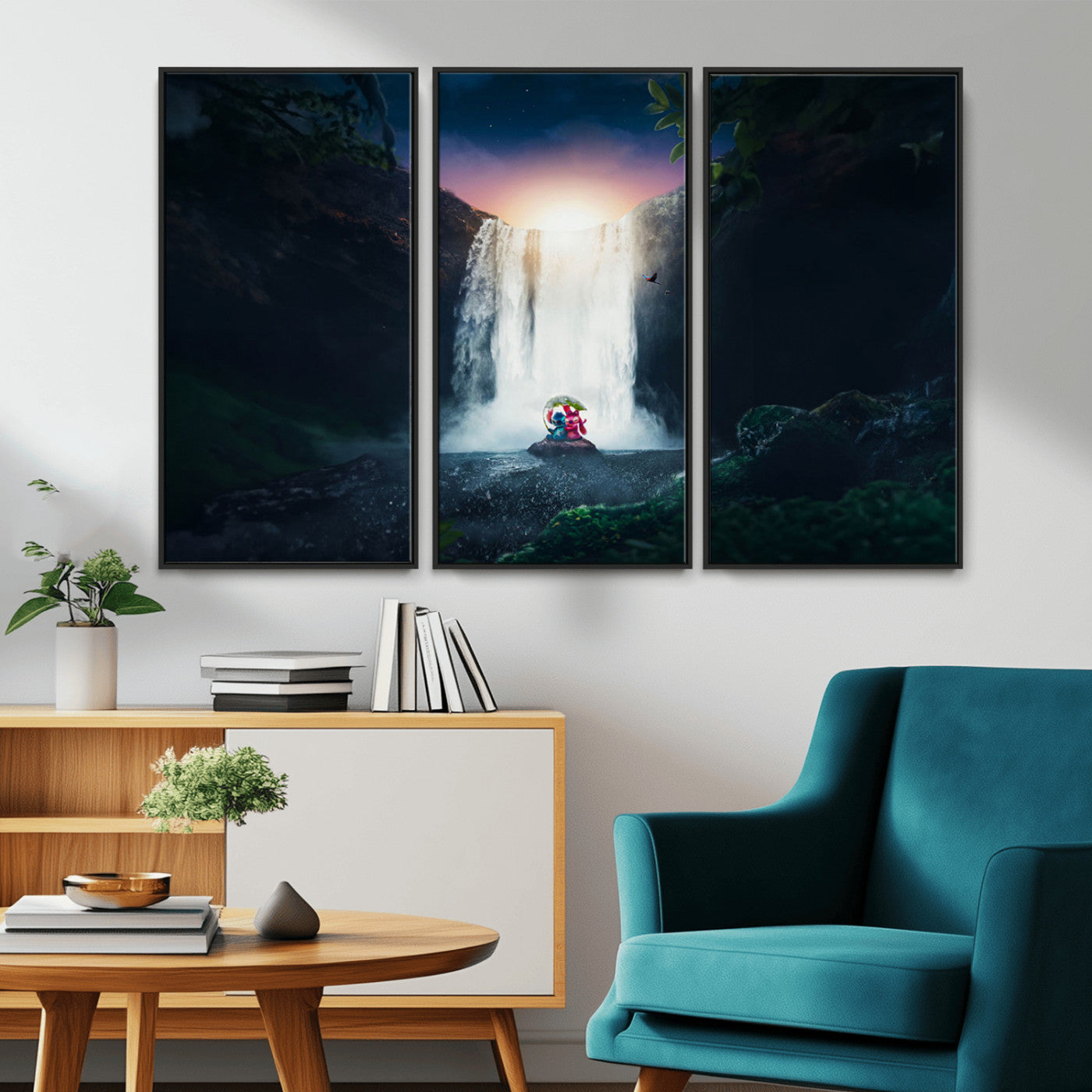 Romantic scene of Stitch and Angel sitting under a leaf in front of a glowing waterfall, ideal for tropical or fantasy-themed decor.