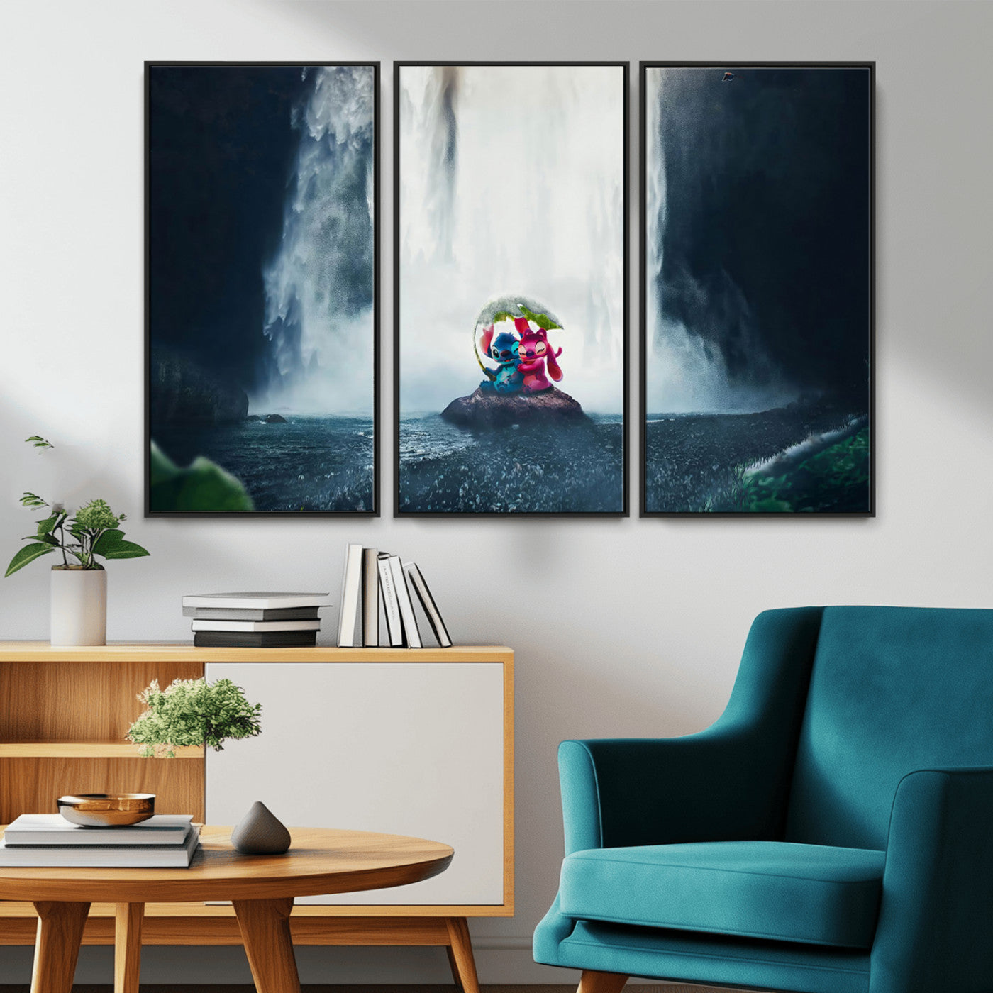 Fantasy canvas of Stitch and Angel under a leaf umbrella in front of a dramatic waterfall, perfect for moody jungle-themed or animated decor.