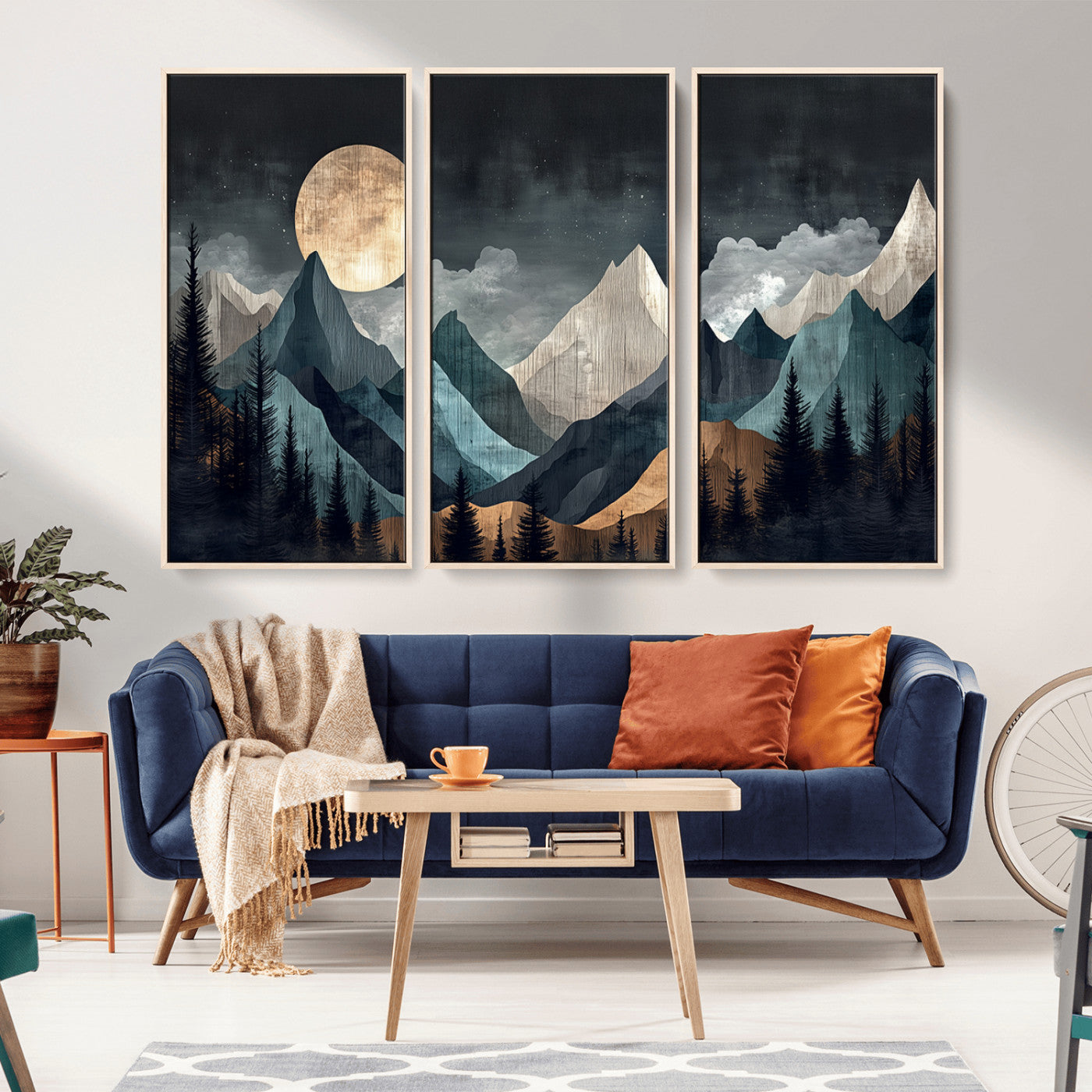 Stylized canvas of layered mountains under a full moon in neutral moody tones, ideal for nature-inspired or modern rustic interiors.