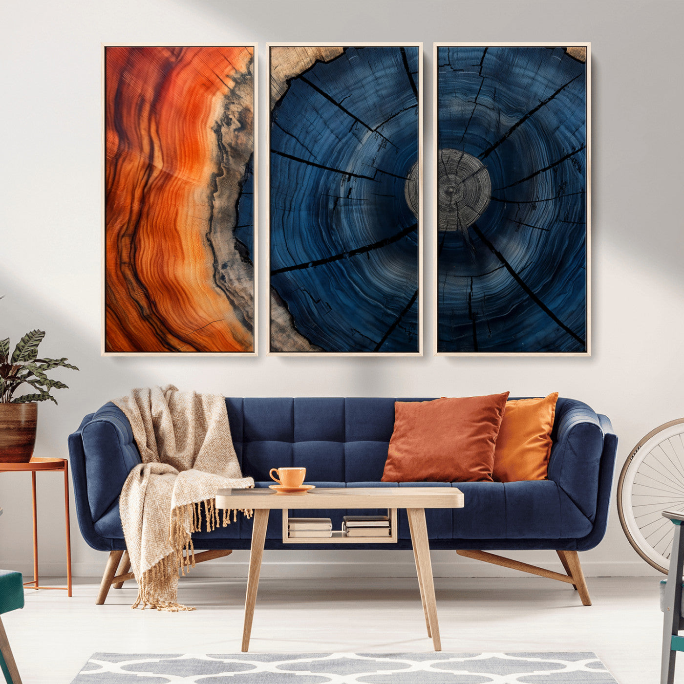 A captivating close-up of a tree trunk, showcasing its concentric rings in rich shades of blue, orange, and brown, highlighting the organic patterns of natural wood.