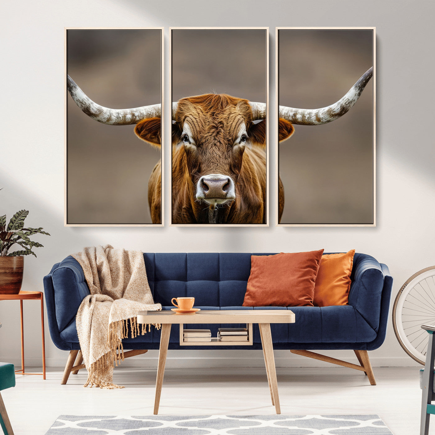 Close-up of a Texas Longhorn with strong curved horns and warm brown tones, perfect for rustic or western-style wall decor.