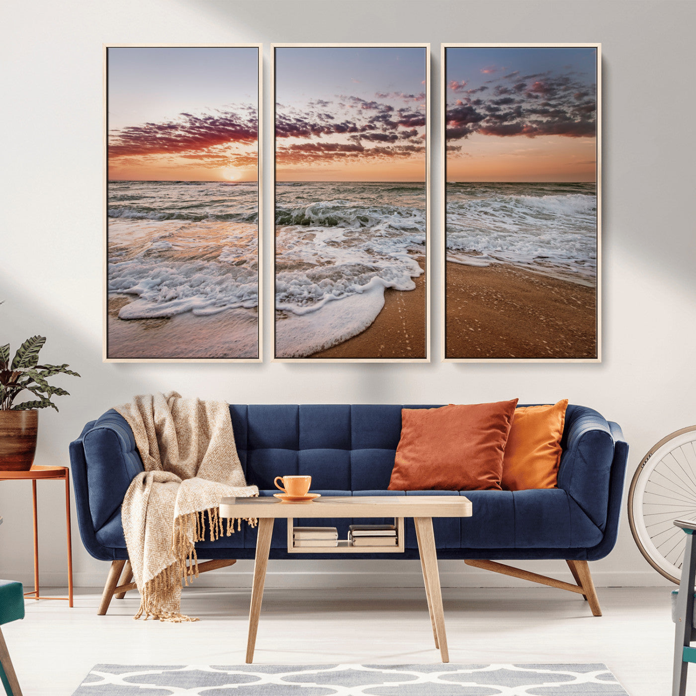 Canvas of a sunset over a foamy ocean shore with warm light and gentle waves, ideal for coastal or beach-themed home decor.