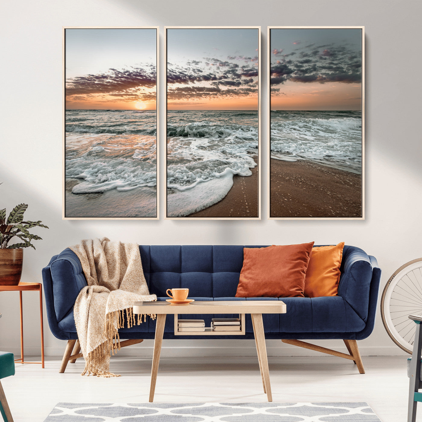 Ocean Sunset Wall Art Print - Beach Waves Canvas Print, featuring a serene seascape with golden sunlight reflecting on gentle waves, perfect for coastal and minimalist decor.