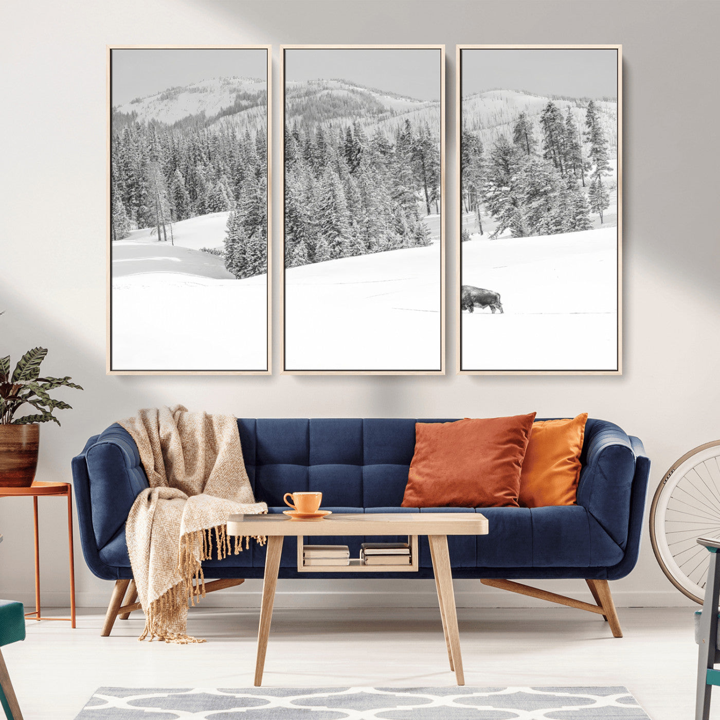 Snowy bison walking through white forest landscape, ideal for monochrome winter or wilderness-style interior wall decoration.
