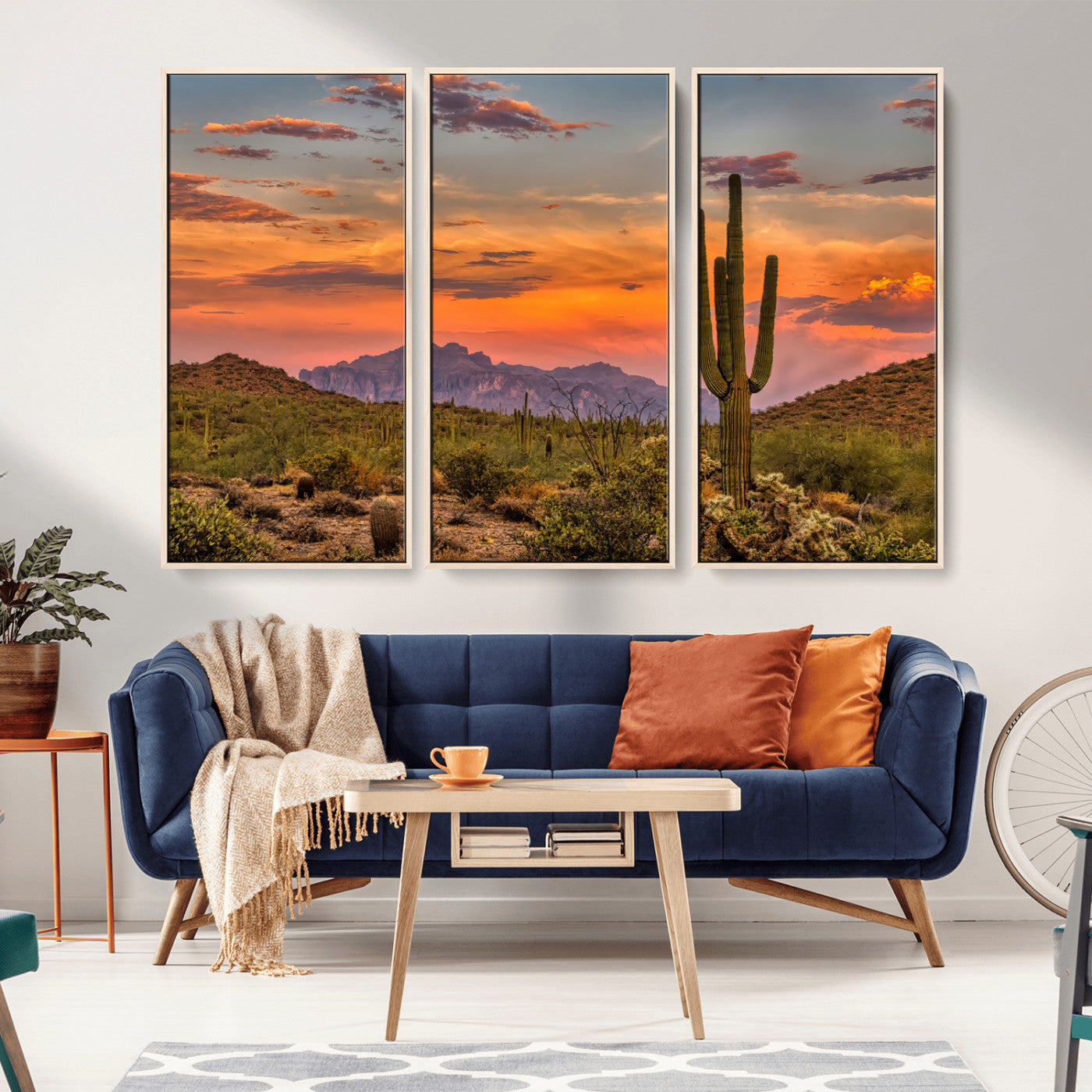 Vibrant desert sunset with saguaro cacti and distant mountains, perfect for Southwestern or warm-toned home decor.