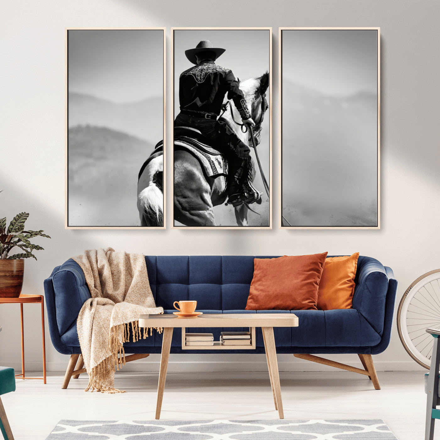 Black and white canvas of a cowboy on horseback with moody tones, perfect for rustic western or country-inspired home decor.