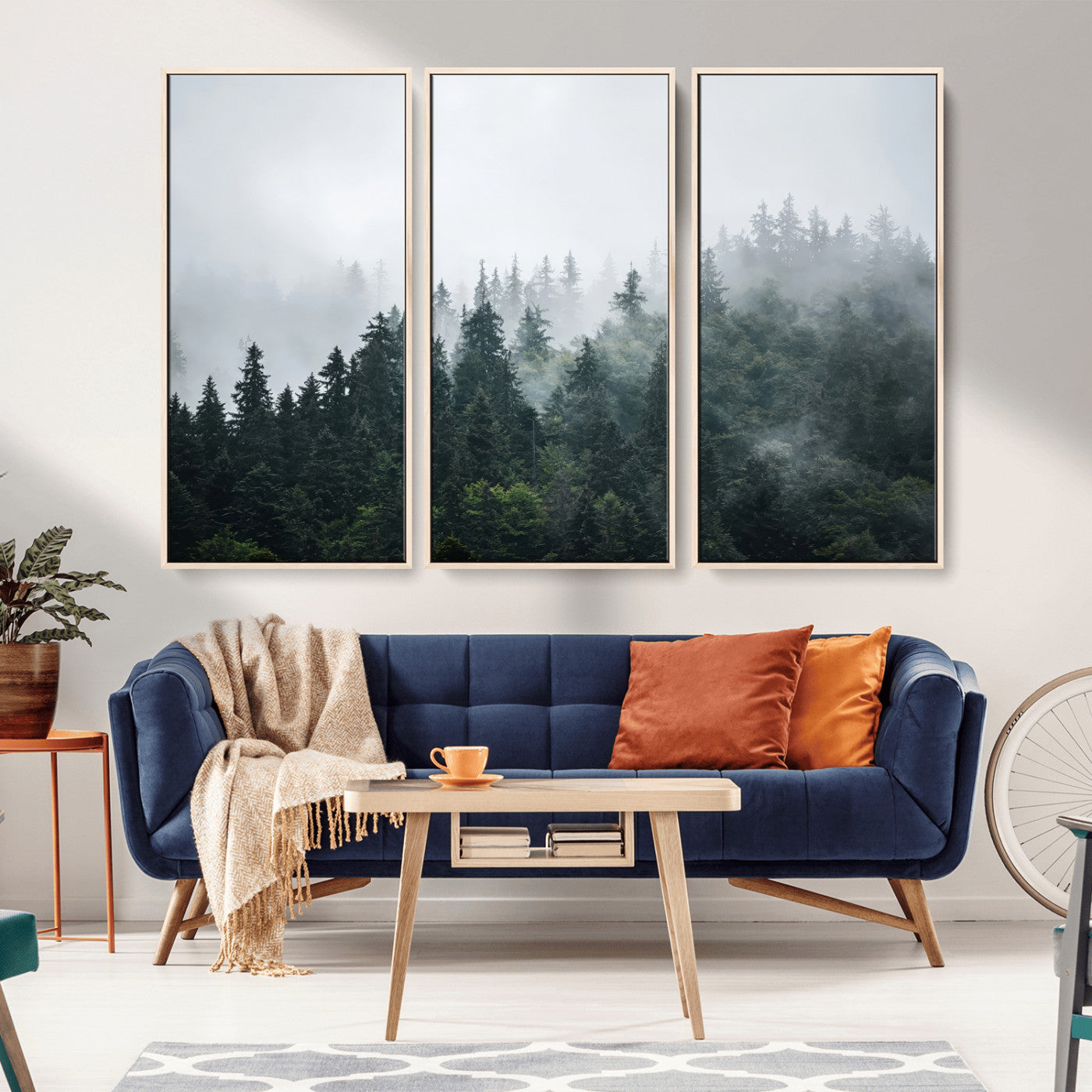 A misty evergreen forest shrouded in soft fog, creating a tranquil and moody landscape with lush green trees fading into the distance.