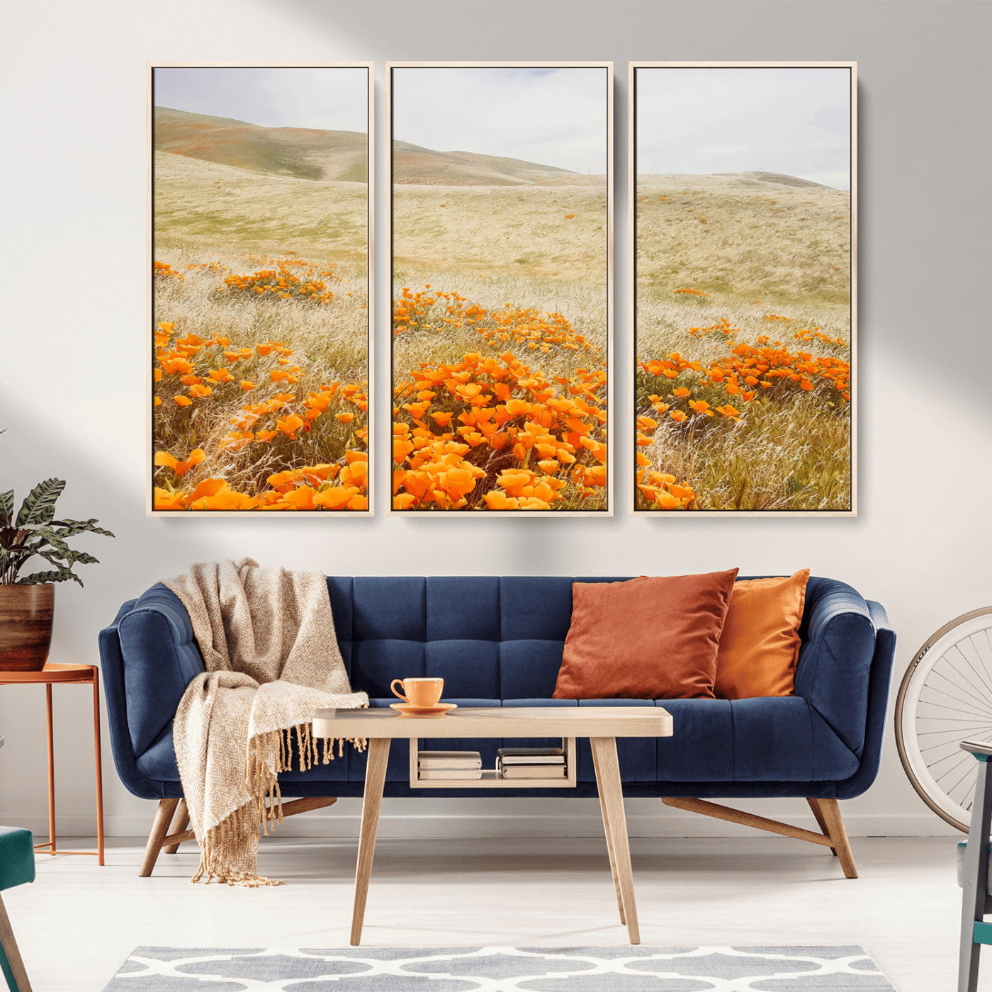 A golden field with vibrant orange poppies blooming across rolling hills under a soft, sunlit sky, creating a warm and rustic landscape.