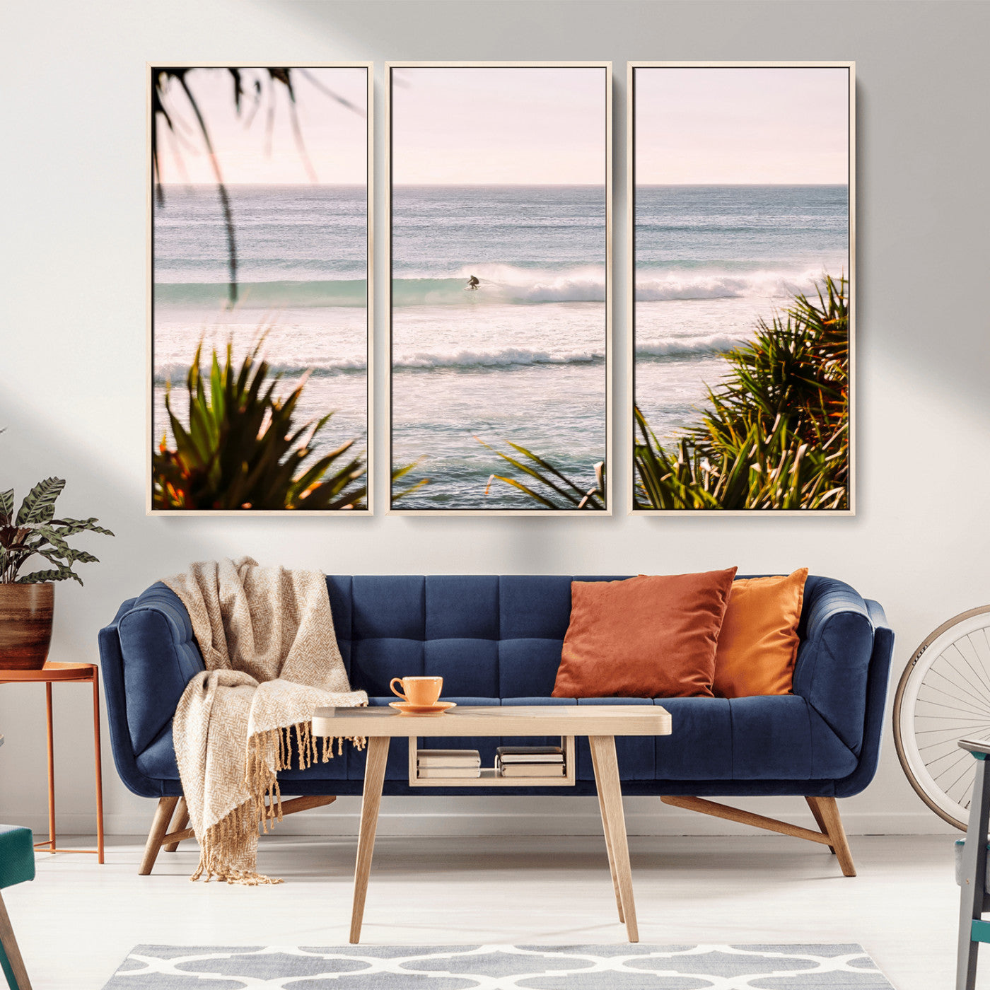 Canvas of a lone surfer riding a pastel wave at sunrise, perfect for tropical or coastal-themed spaces with a relaxed, airy vibe.