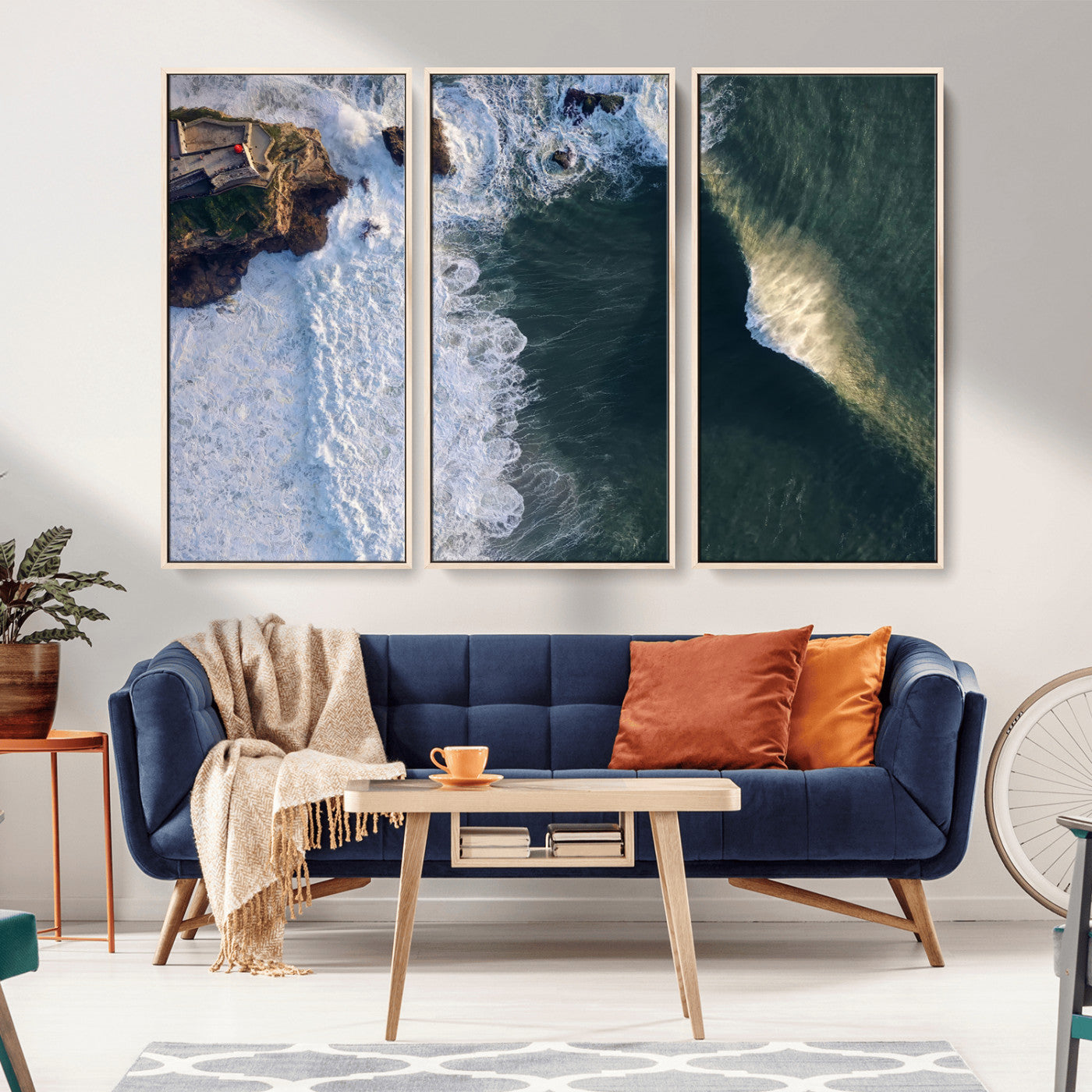 Canvas showing an aerial view of crashing waves along the Nazaré coastline, perfect for dramatic coastal or ocean-themed home decor.