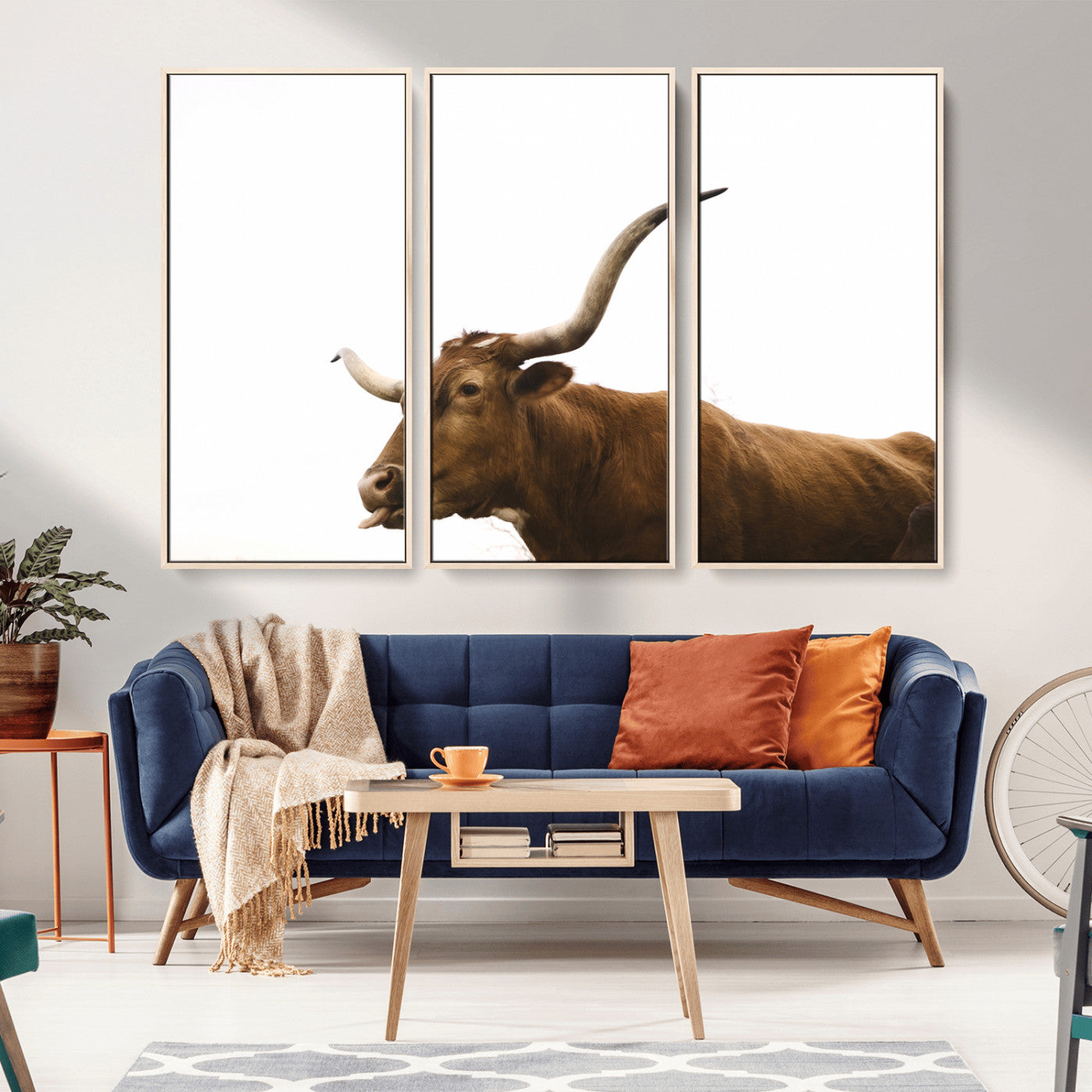 Minimal photo of a longhorn cow with white background, ideal for rustic, western or farmhouse-style interior decor.