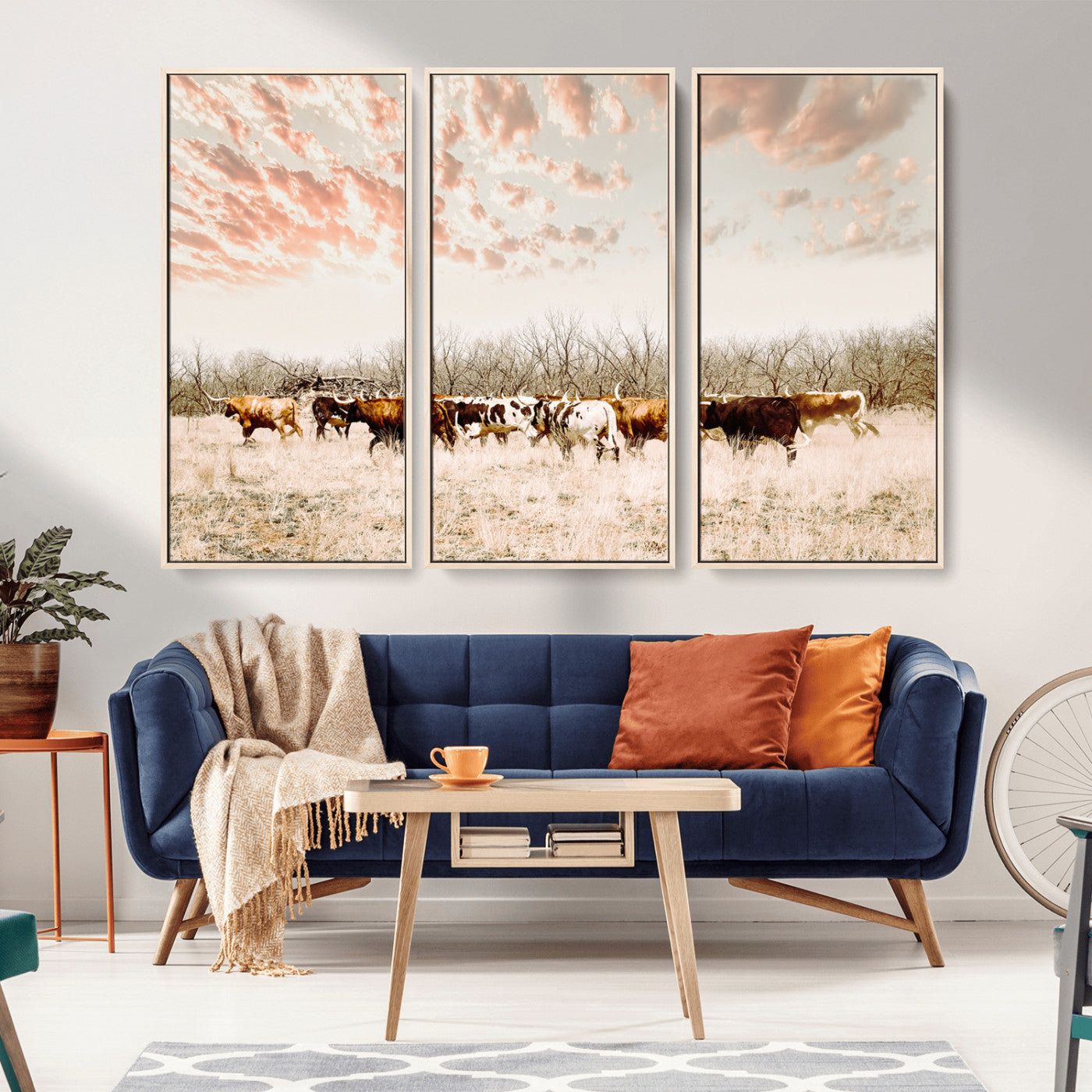 Cattle herd in a soft-toned field under a pastel pink sky, creating a peaceful rustic feel, perfect for farmhouse or western-themed spaces.