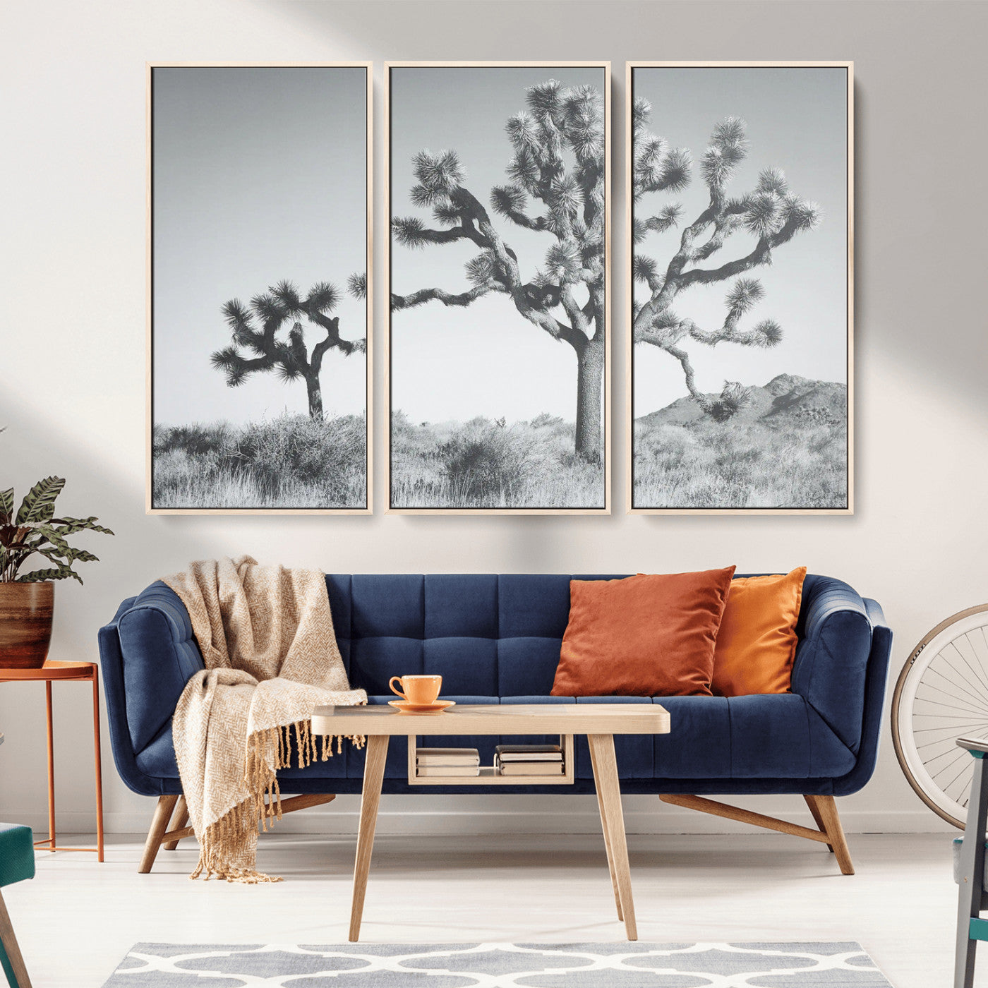 Black and white Joshua tree in a desert landscape with soft light and dry brush, perfect for rustic or minimalist home decor.