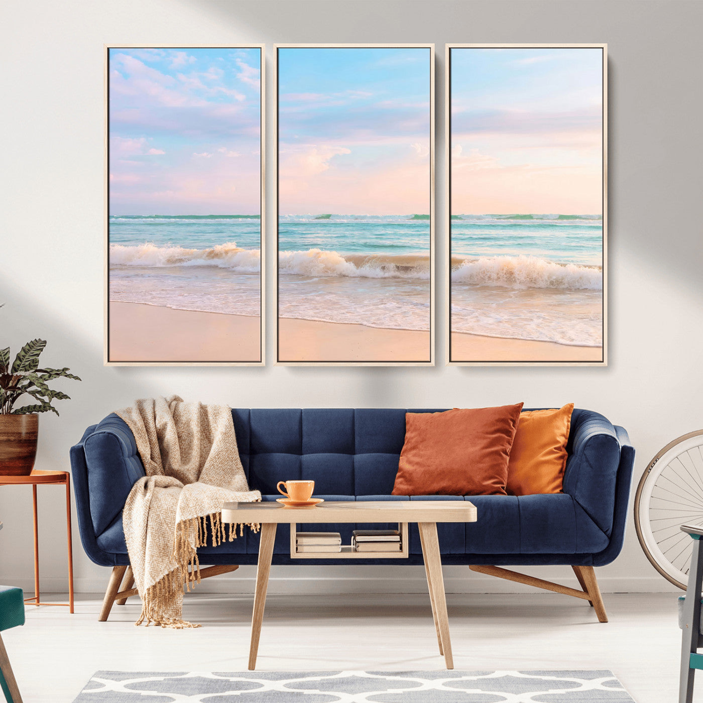 A peaceful beach scene with soft pastel skies, gentle waves washing up on the sandy shore, creating a calm and serene ocean view.