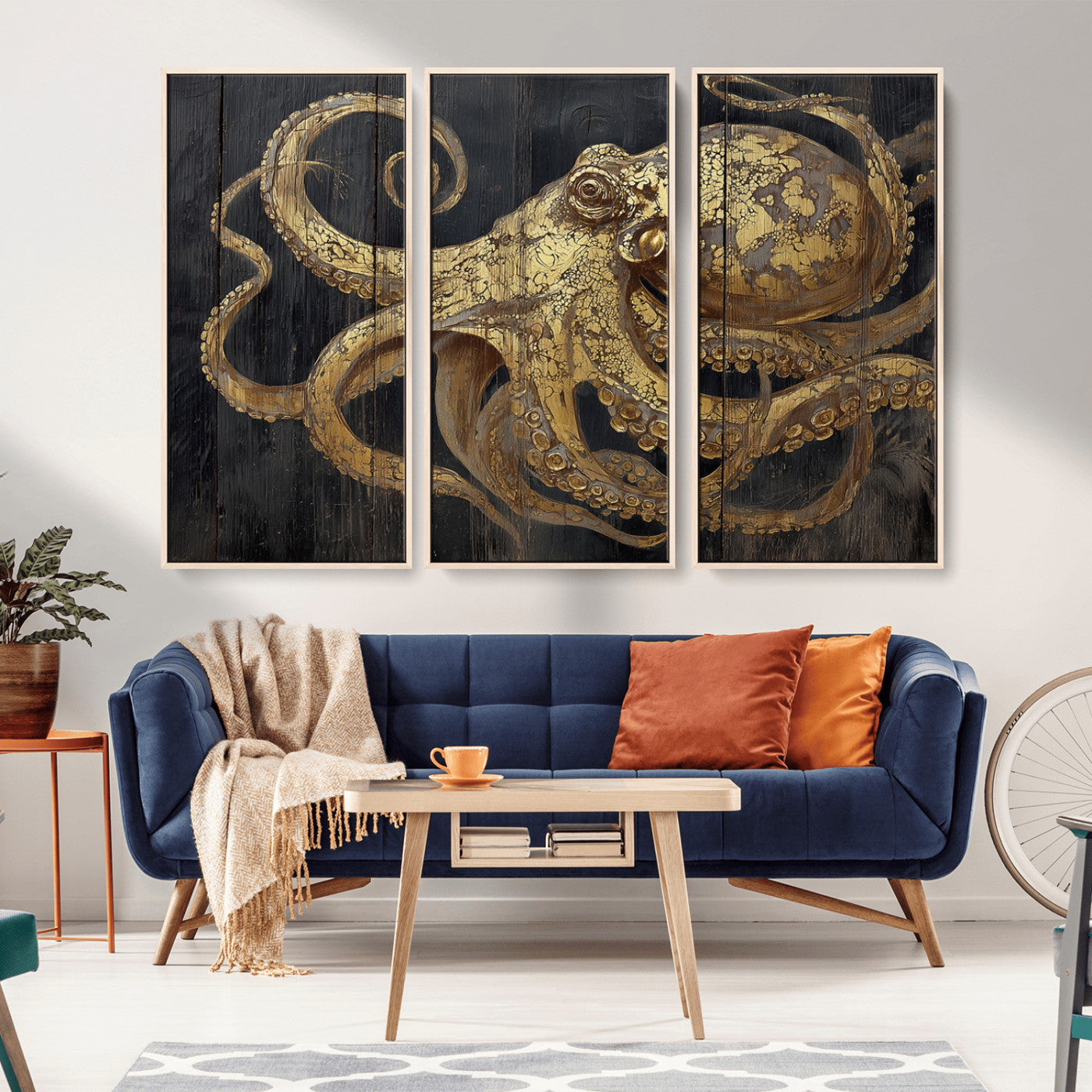 A detailed gold illustration of an octopus on black wooden planks, showing its intricate tentacles and textured skin in an artistic style.