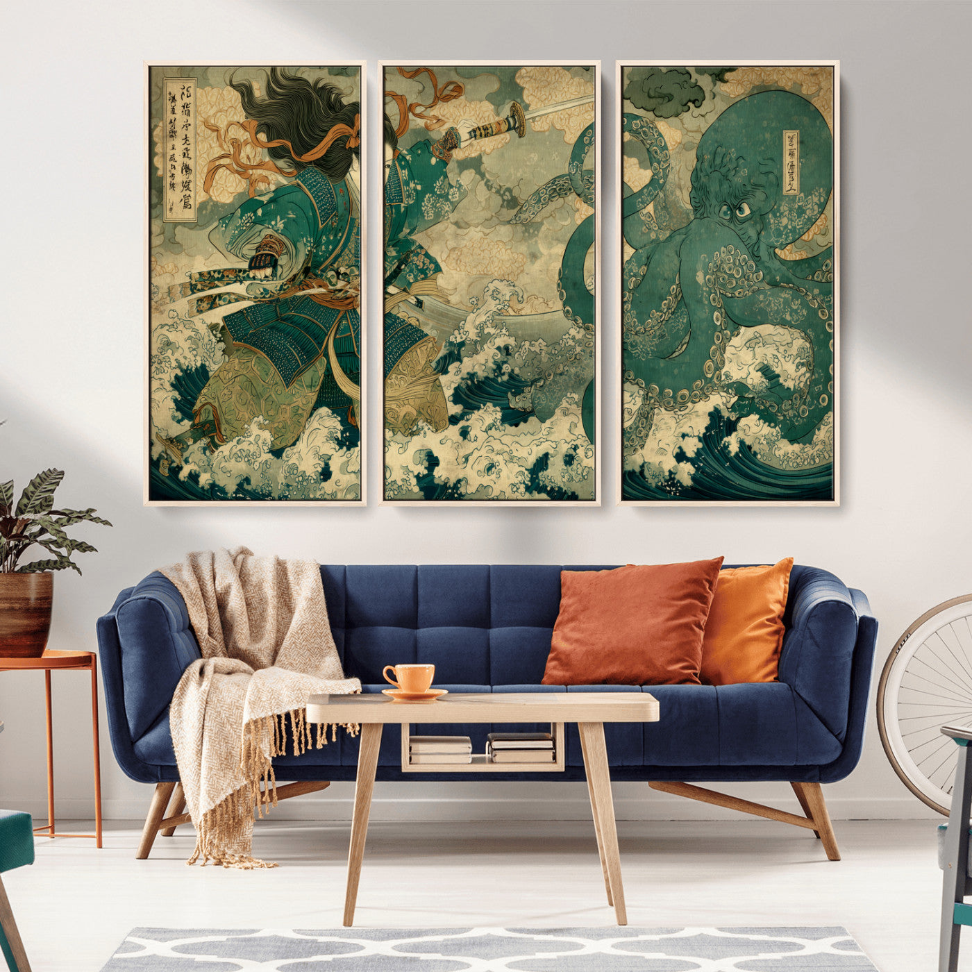 Tsukioka Yoshitoshi Samurai Wall Art Print, Japanese Katana Warrior Canvas Wall Art, Octopus Sea Monster Canvas Print,