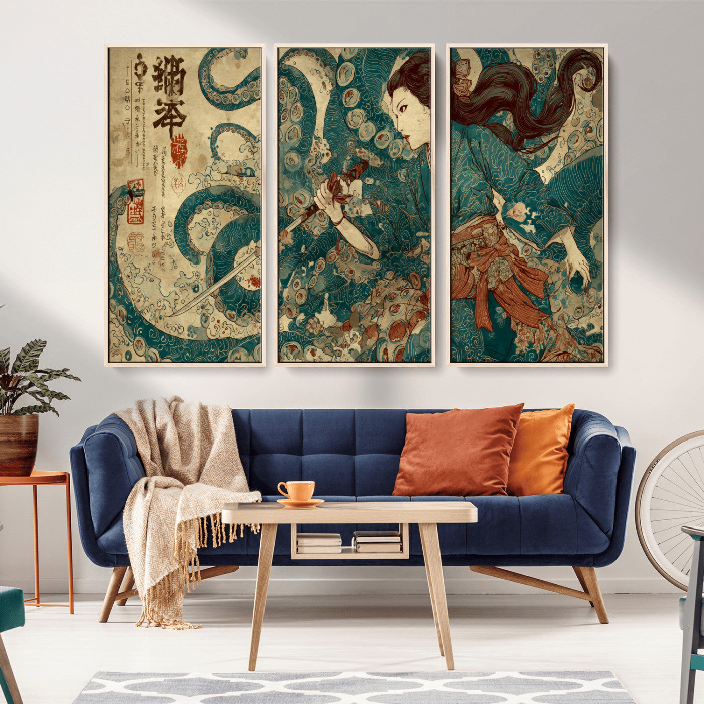 Tsukioka Yoshitoshi Samurai Wall Art Print, Japanese Katana Warrior Canvas Wall Art, Octopus Sea Monster Canvas Print,
