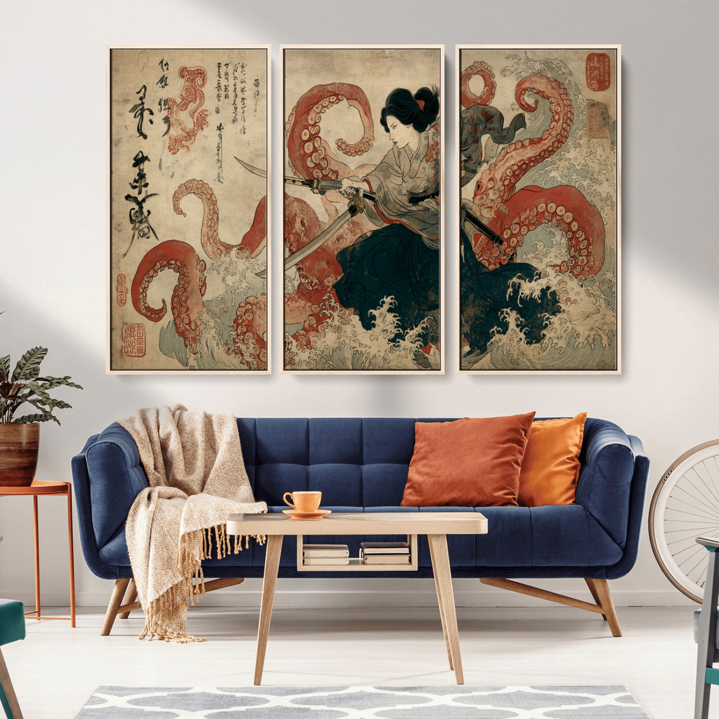 Tsukioka Yoshitoshi Samurai Wall Art Print, Japanese Katana Warrior Canvas Wall Art, Octopus Sea Monster Canvas Print,