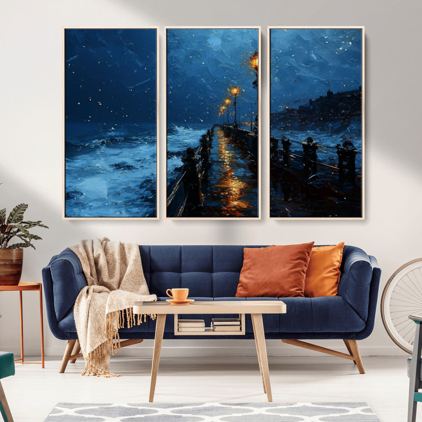 "Impressionistic painting of a rainy pier at night with glowing street lamps reflecting on the wet surface, ocean waves crashing under a dark blue sky."