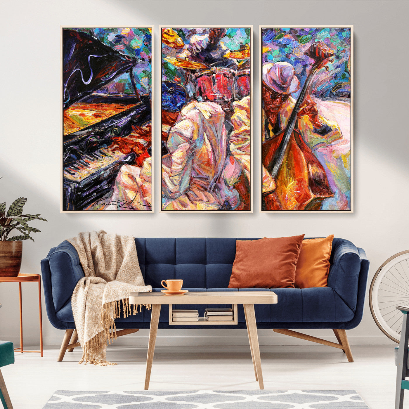 Vibrant oil painting of a jazz band with piano, saxophone, and bass, ideal for colorful and expressive music-themed home decor.