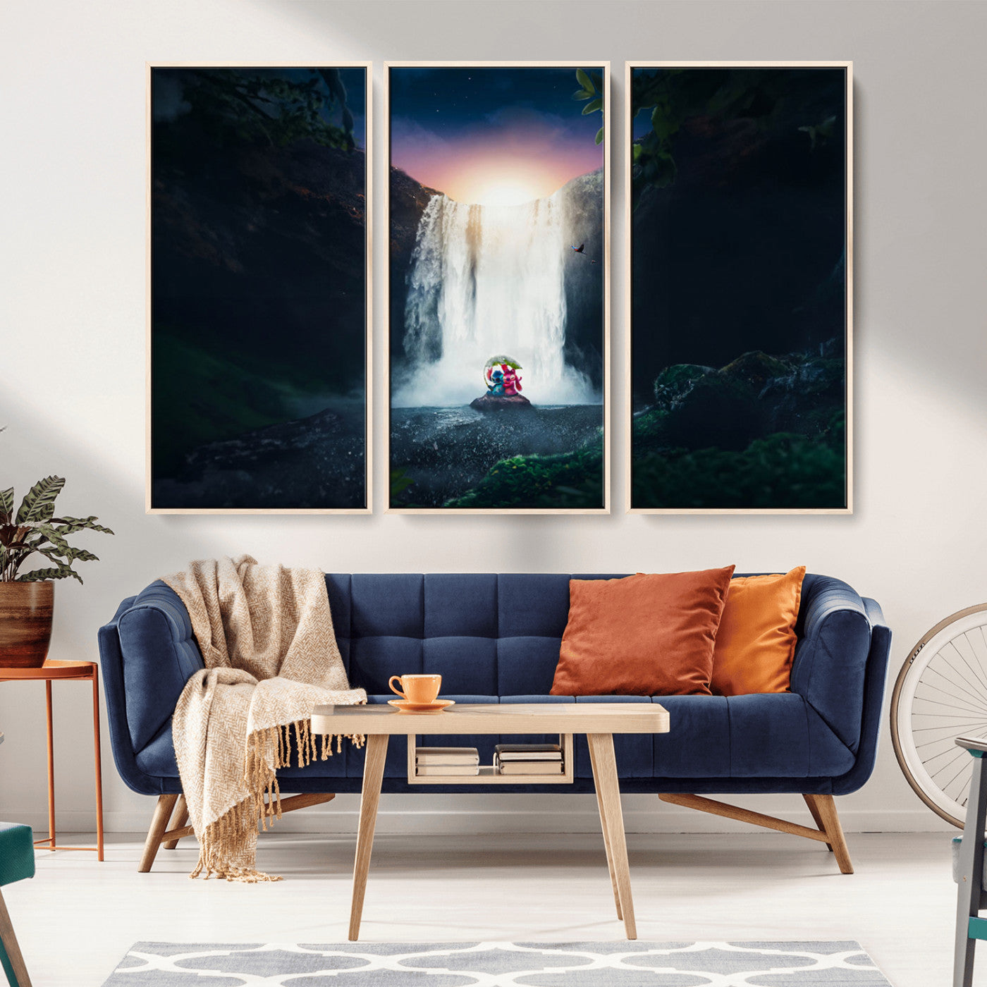 Romantic scene of Stitch and Angel sitting under a leaf in front of a glowing waterfall, ideal for tropical or fantasy-themed decor.