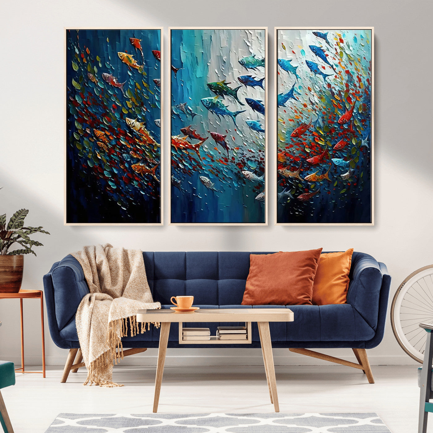 Colorful painting of fish swimming in abstract ocean swirls, perfect for vibrant marine-themed or expressive coastal home decor.