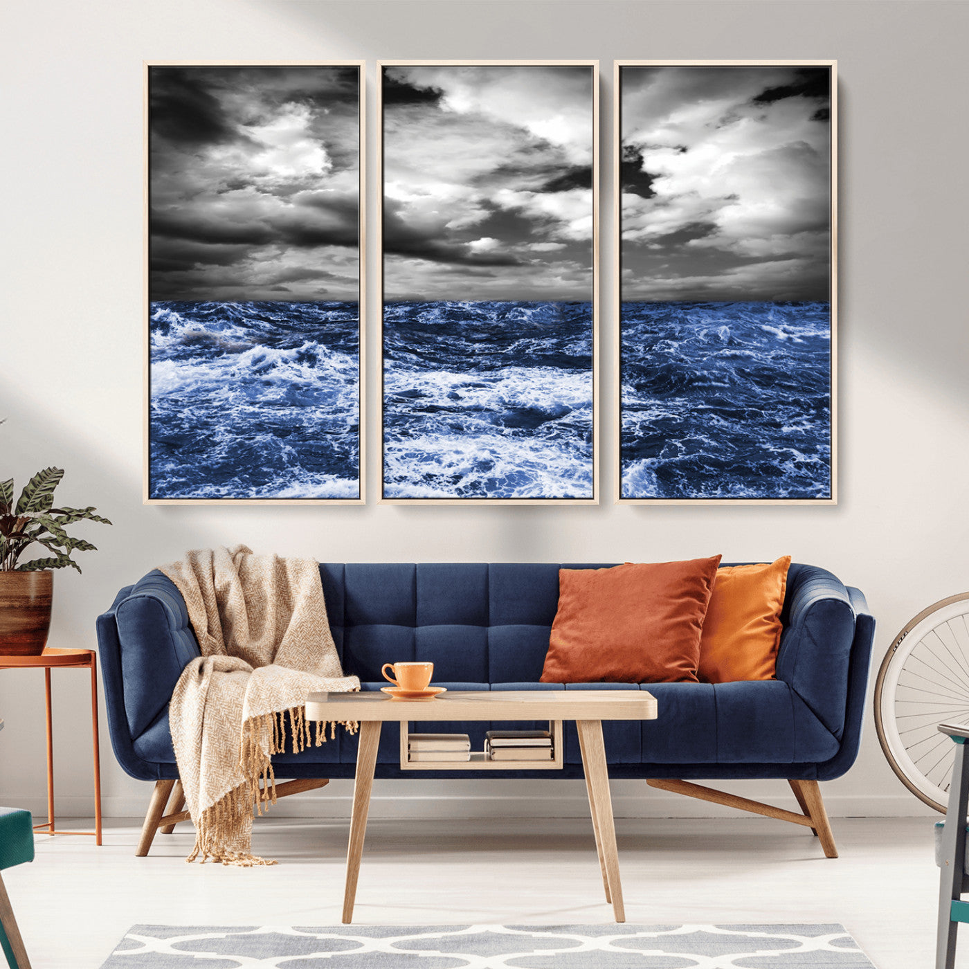 Moody canvas wall art of a stormy ocean under a dramatic black-and-white sky, perfect for bold or coastal-style interiors.