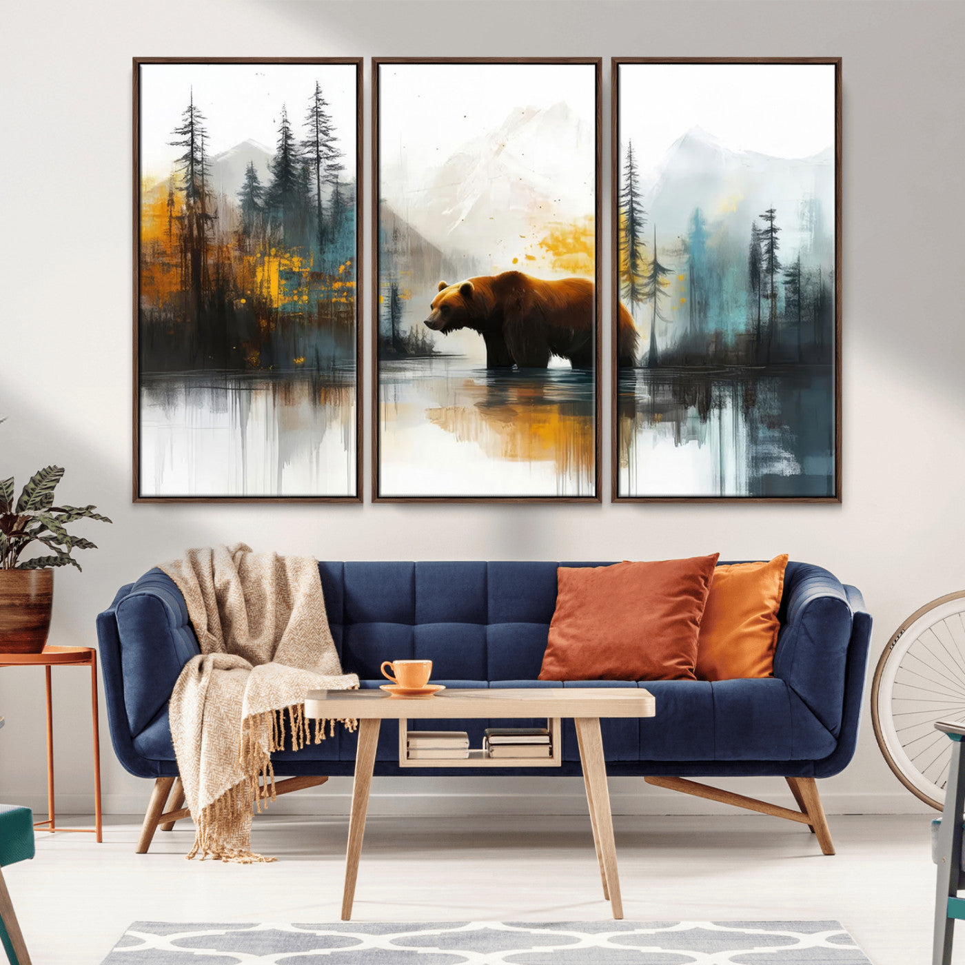 A majestic bear stands by the serene waters of a misty forest, surrounded by towering trees and distant mountains, evoking the raw beauty and wild spirit of nature.
