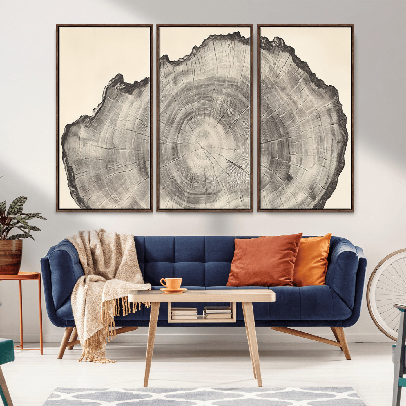 Detailed tree ring drawing in monochrome tones, ideal for rustic or nature-inspired interiors with a minimal decor aesthetic.