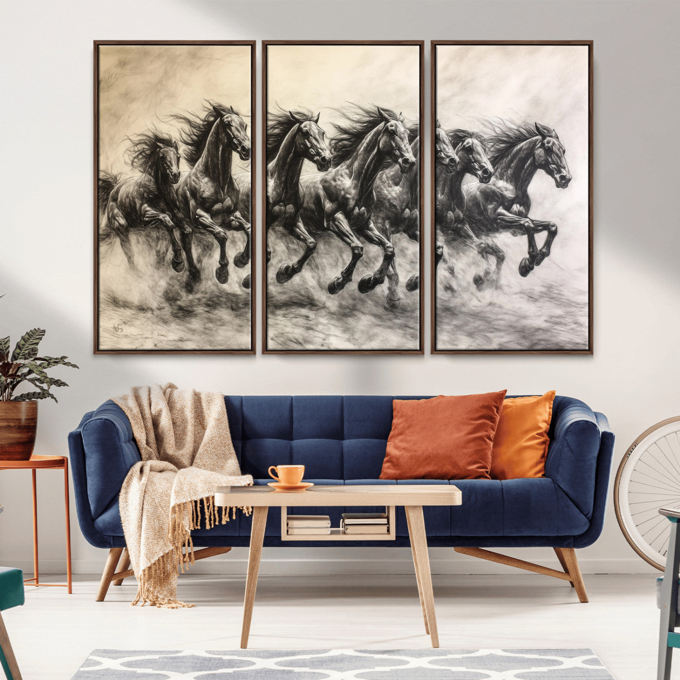 Monochrome drawing of a herd of galloping horses, perfect for dynamic and wild-themed decor in any equestrian or nature-inspired room.