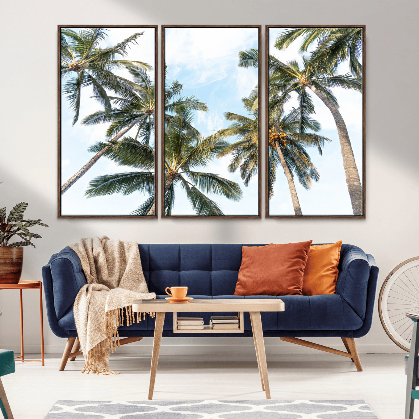 Framed canvas of tall palm trees reaching into a tropical sky, ideal for beach home or relaxed island-inspired wall decor.