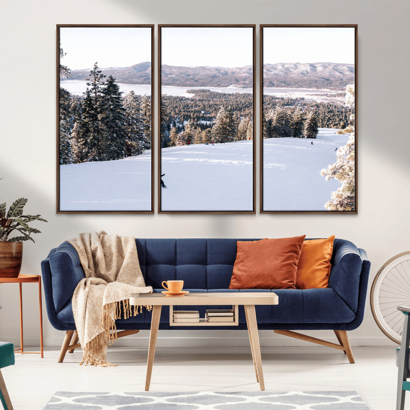 Canvas of a snowy mountain ski slope with pine trees and bright winter light, ideal for modern rustic or alpine-inspired home decor.