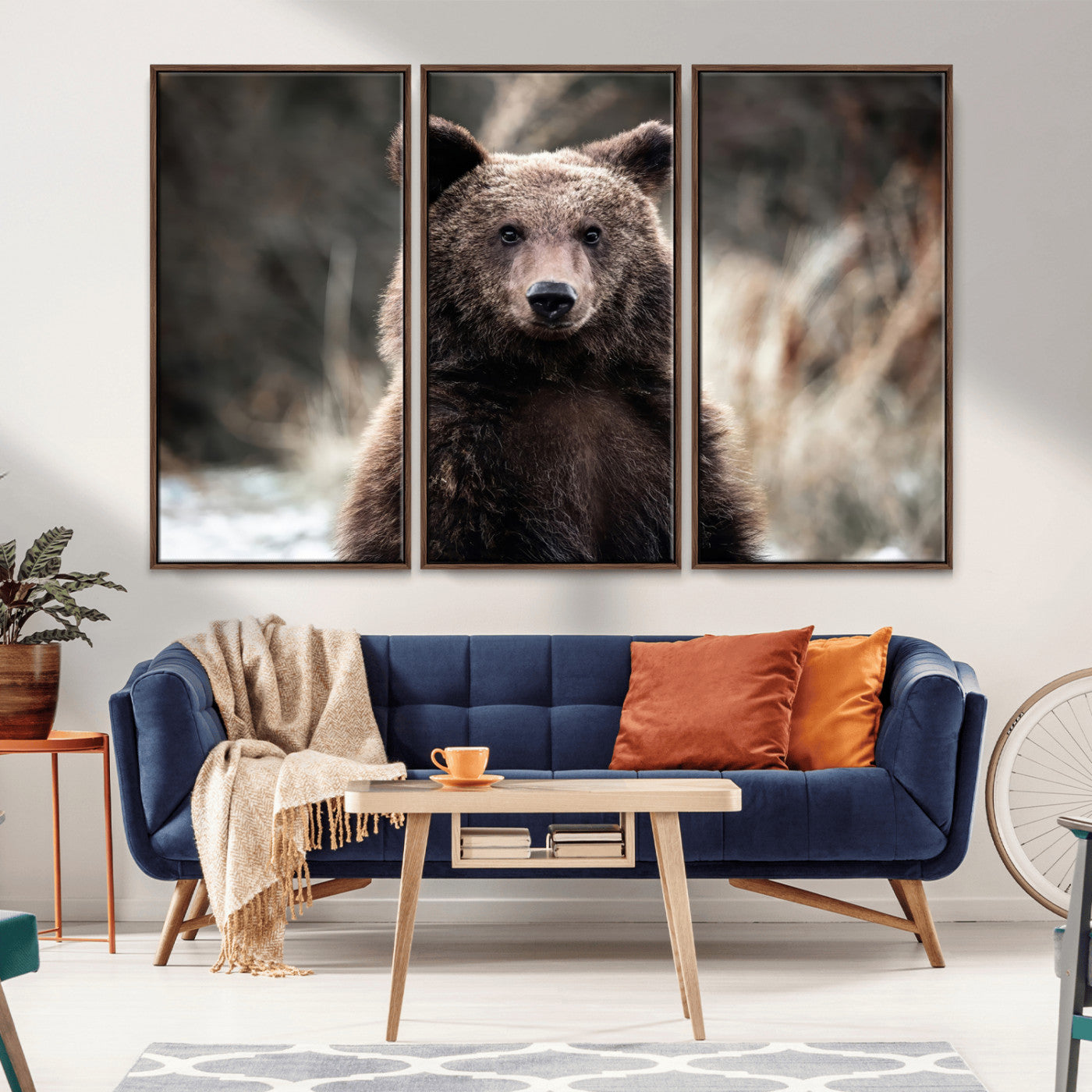Canvas of a brown bear in soft earthy tones and moody forest light, ideal for rustic cabin or woodland nature-themed home decor.