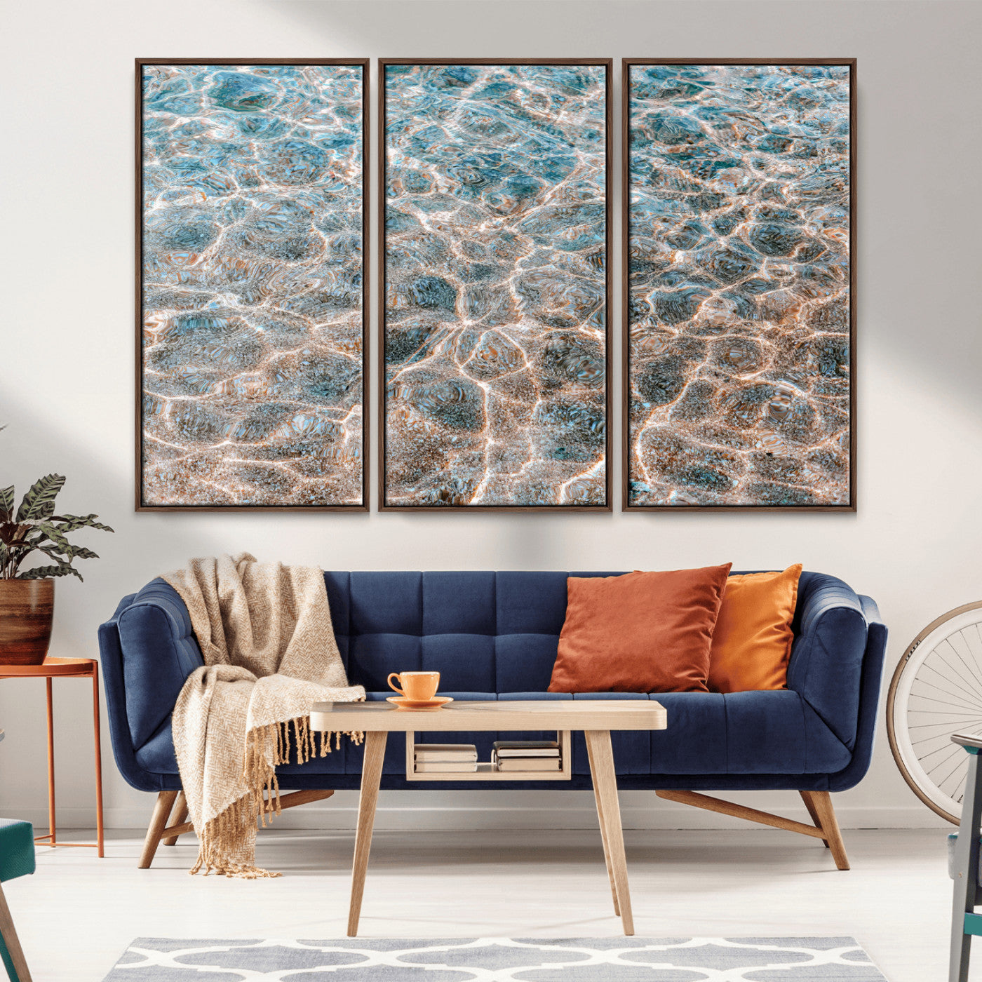 Close-up of sunlit ocean ripples with aqua blue and golden tones, ideal for modern coastal or minimalist home decor.