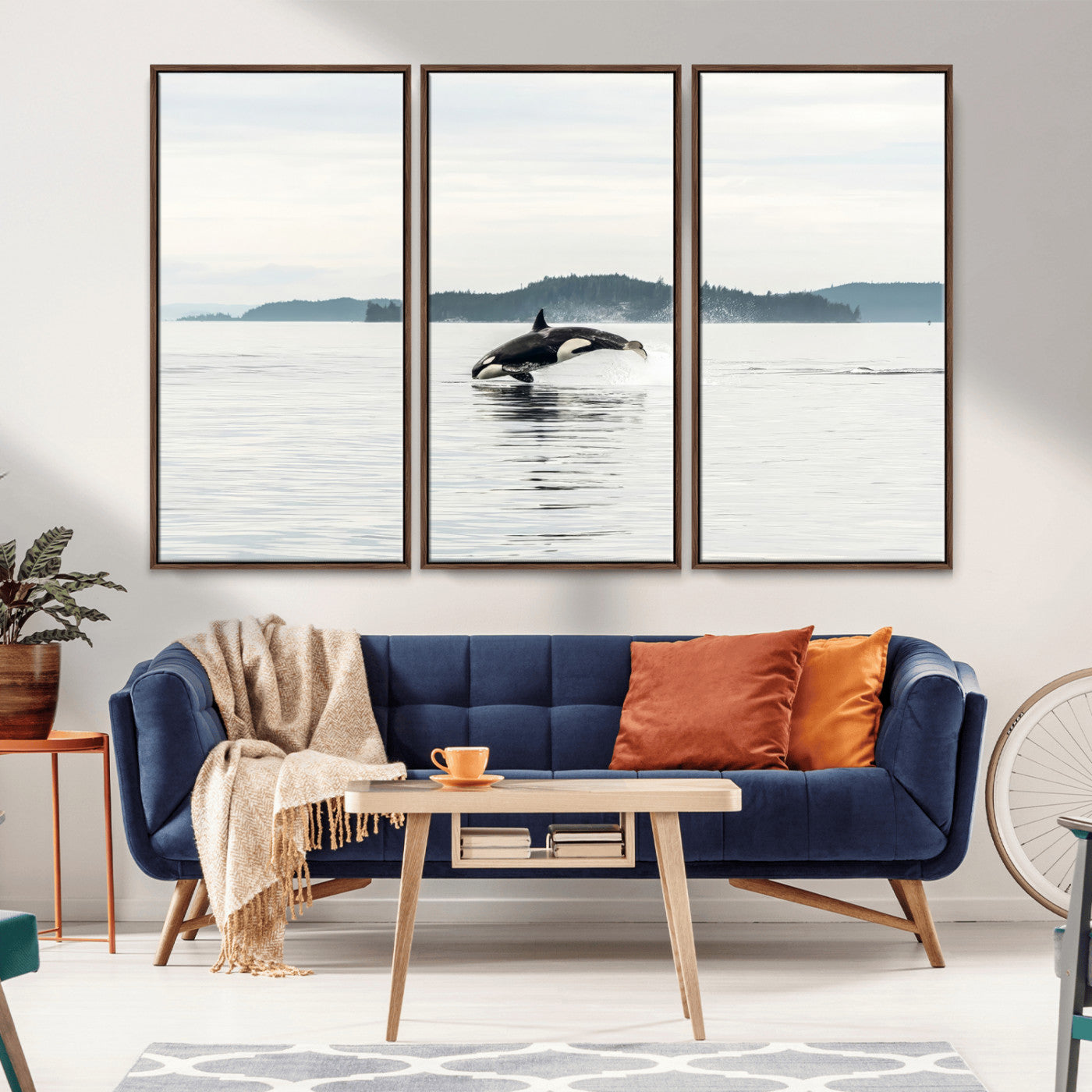 An orca jumping out of calm ocean waters with a misty island in the background, creating a serene and minimalist marine wildlife scene.