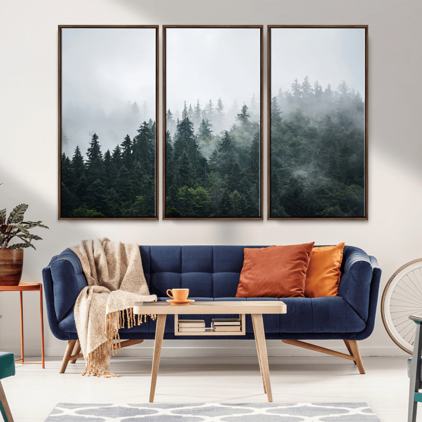 A misty evergreen forest shrouded in soft fog, creating a tranquil and moody landscape with lush green trees fading into the distance.