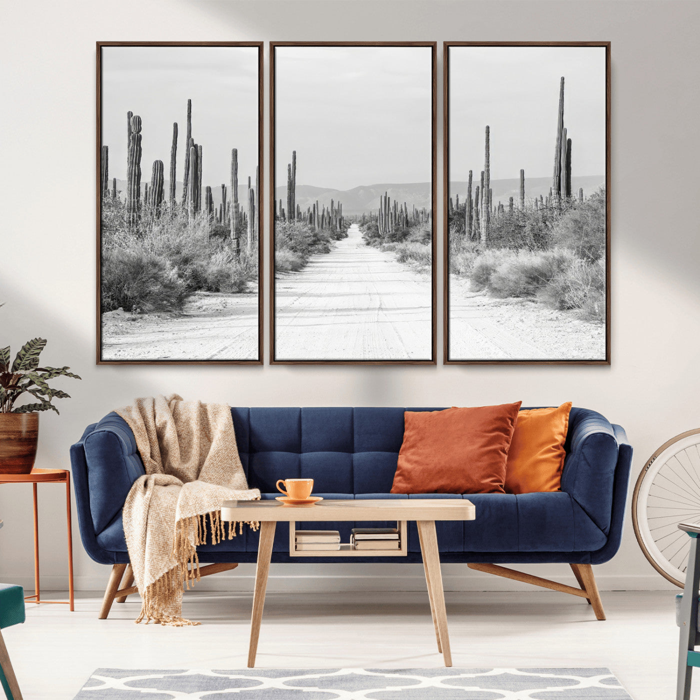 A black and white desert road stretching through a cactus-filled landscape, creating a rugged and timeless southwestern aesthetic with a sense of adventure.
