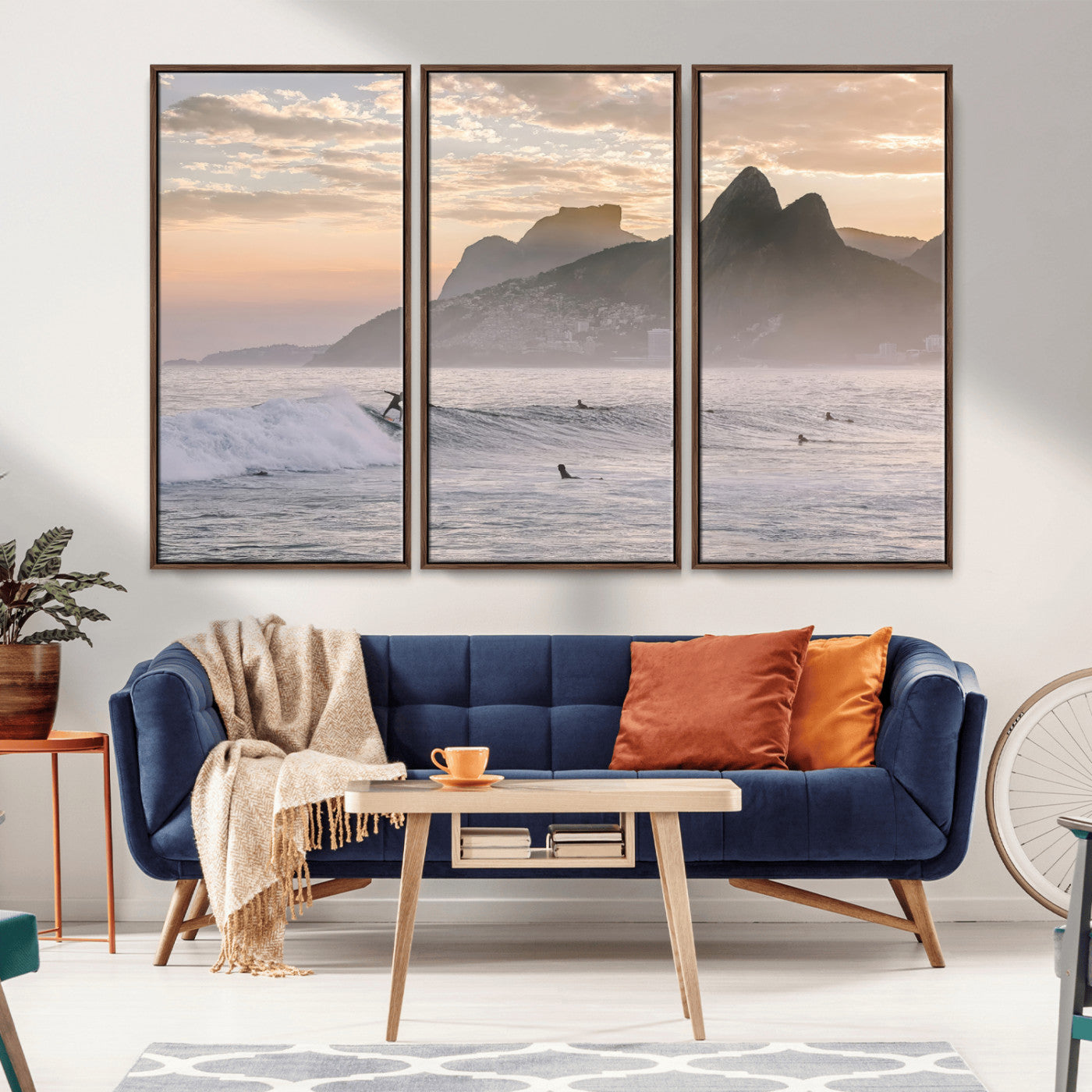 A surfer rides a golden hour wave near misty coastal mountains, surrounded by fellow surfers, capturing the spirit of a coastal adventure.