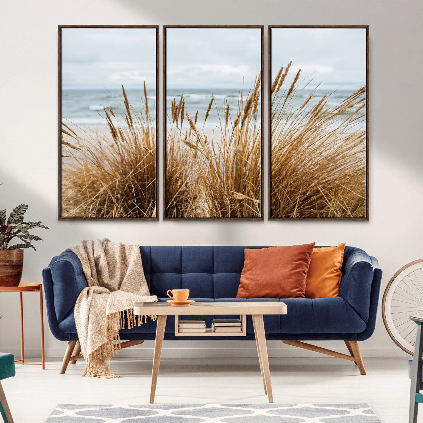 Canvas of golden beach grass swaying by the ocean under a soft cloudy sky, perfect for neutral-toned or coastal minimalist decor.