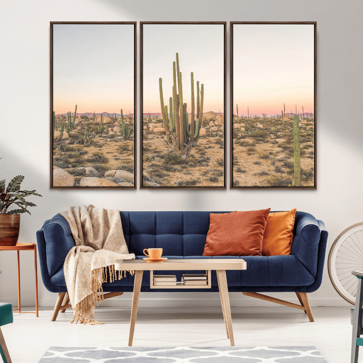 Canvas of tall desert cacti in warm sunset tones over a rocky Baja landscape, ideal for earthy or Southwestern-style home decor.