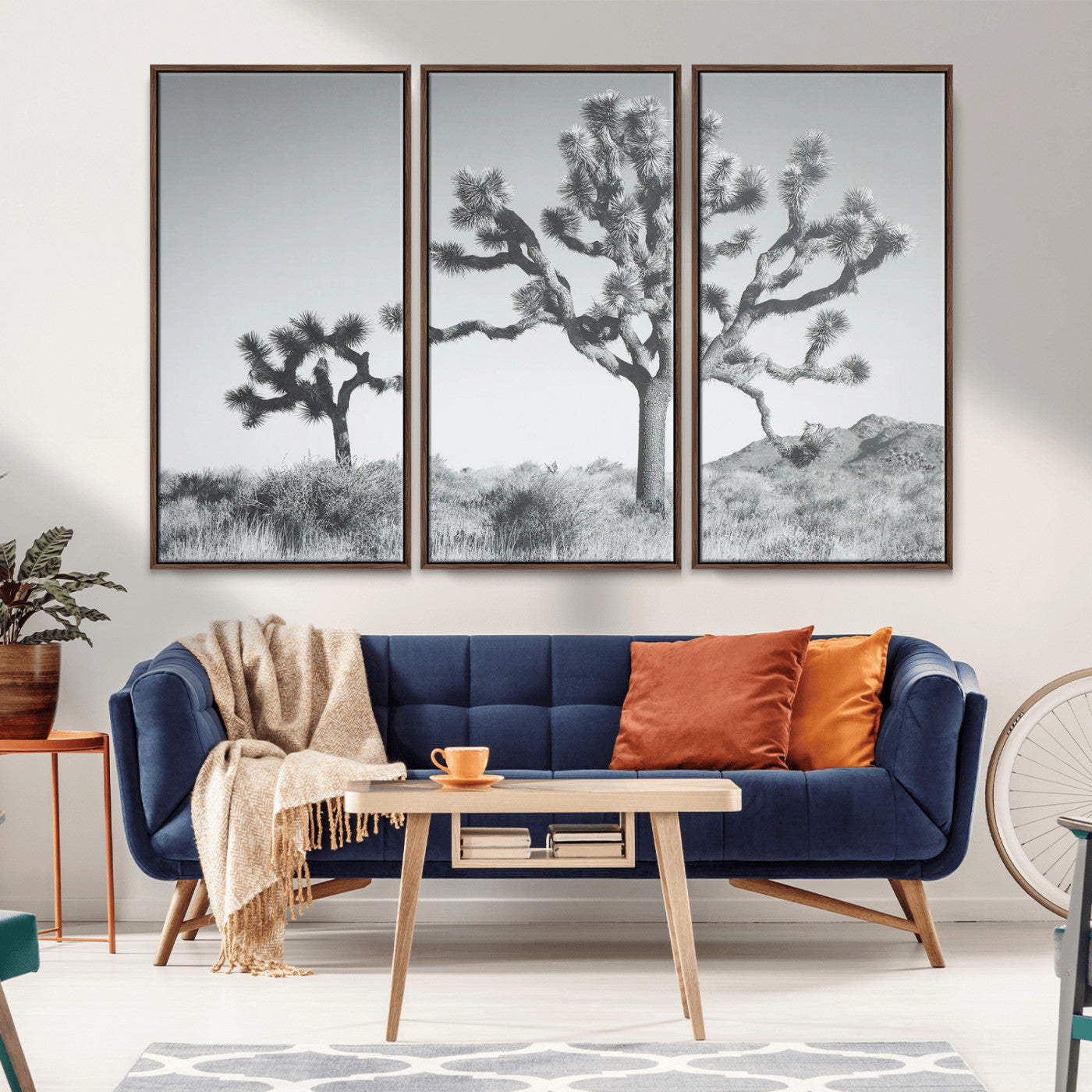 Black and white Joshua tree in a desert landscape with soft light and dry brush, perfect for rustic or minimalist home decor.