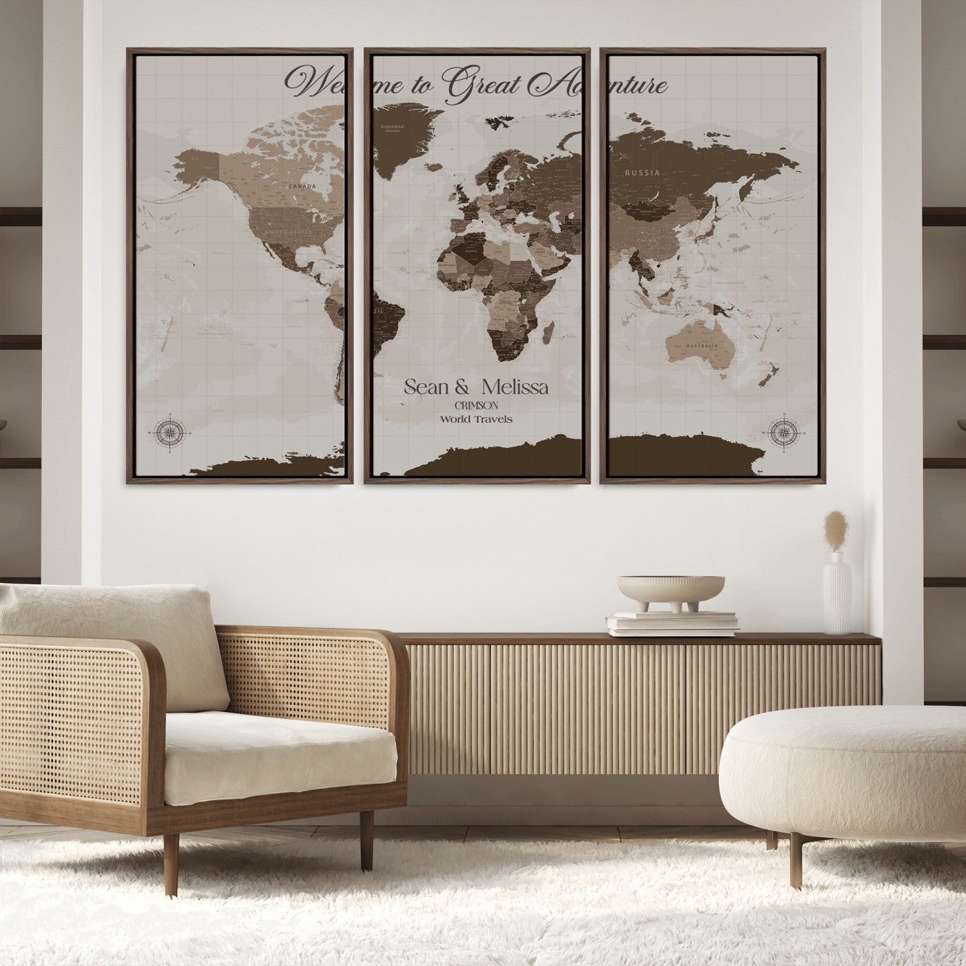 49871705-MGV-FC-48X32-3P_Walnut-Push Pin Customize World Map Wall Canvas Print – Personalized Travel Tracker with Pins – Custom Wall Art Canvas for Home Office Decor