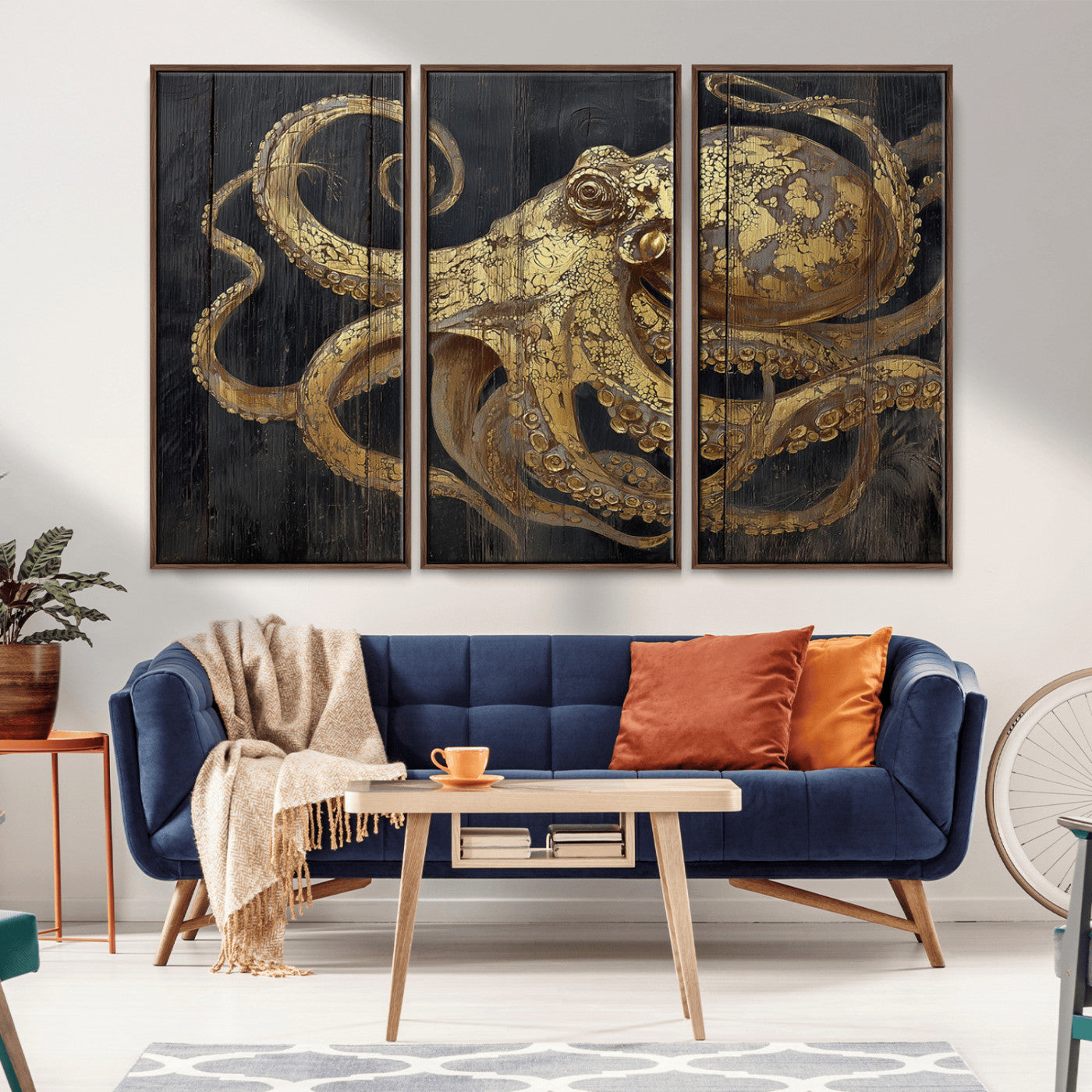 A detailed gold illustration of an octopus on black wooden planks, showing its intricate tentacles and textured skin in an artistic style.